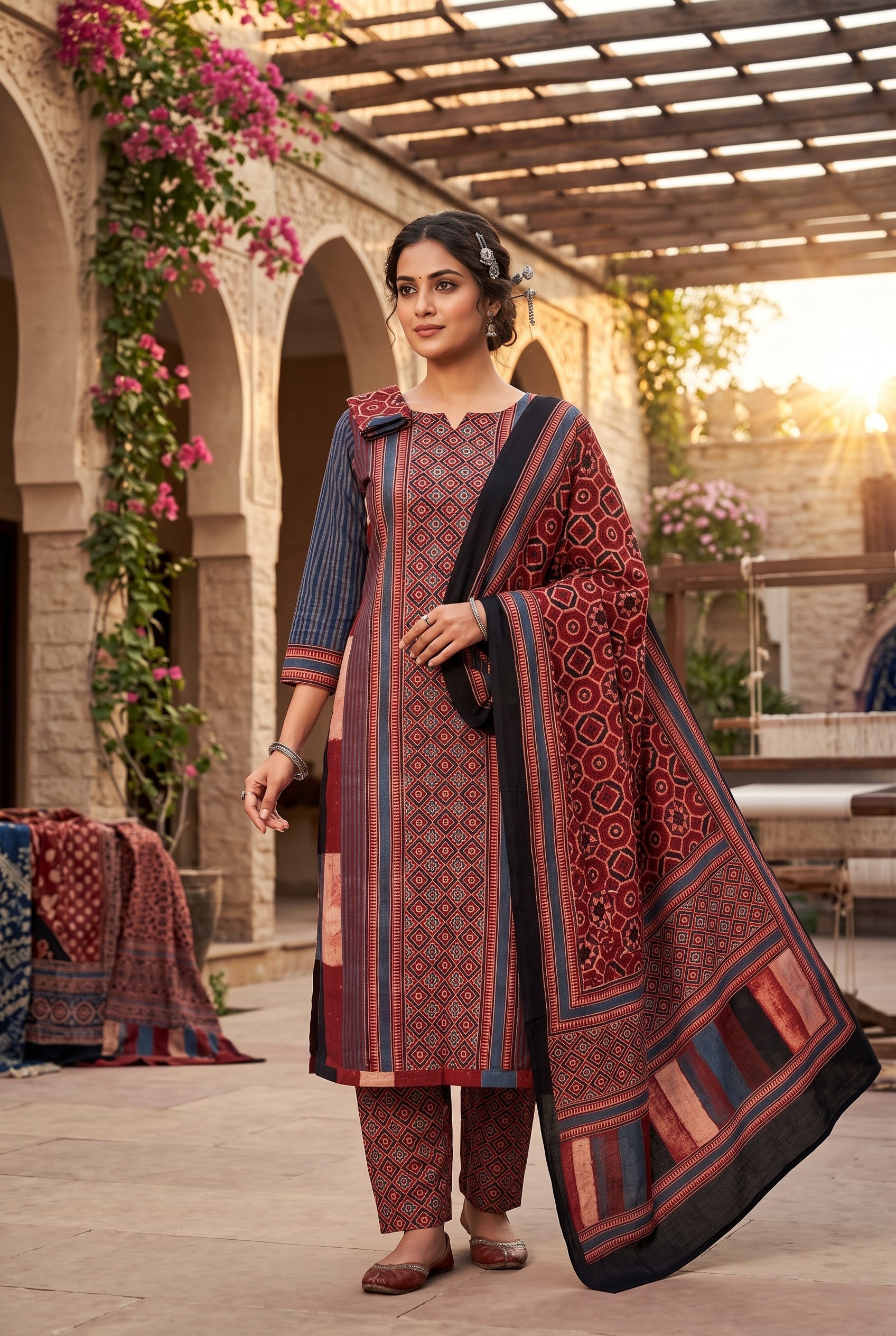 KUTCH HAND BLOCK AJRAK PRINT NATURAL DYED COTTON SUIT WITH COTTON DUPATTA (AJPCYS03)