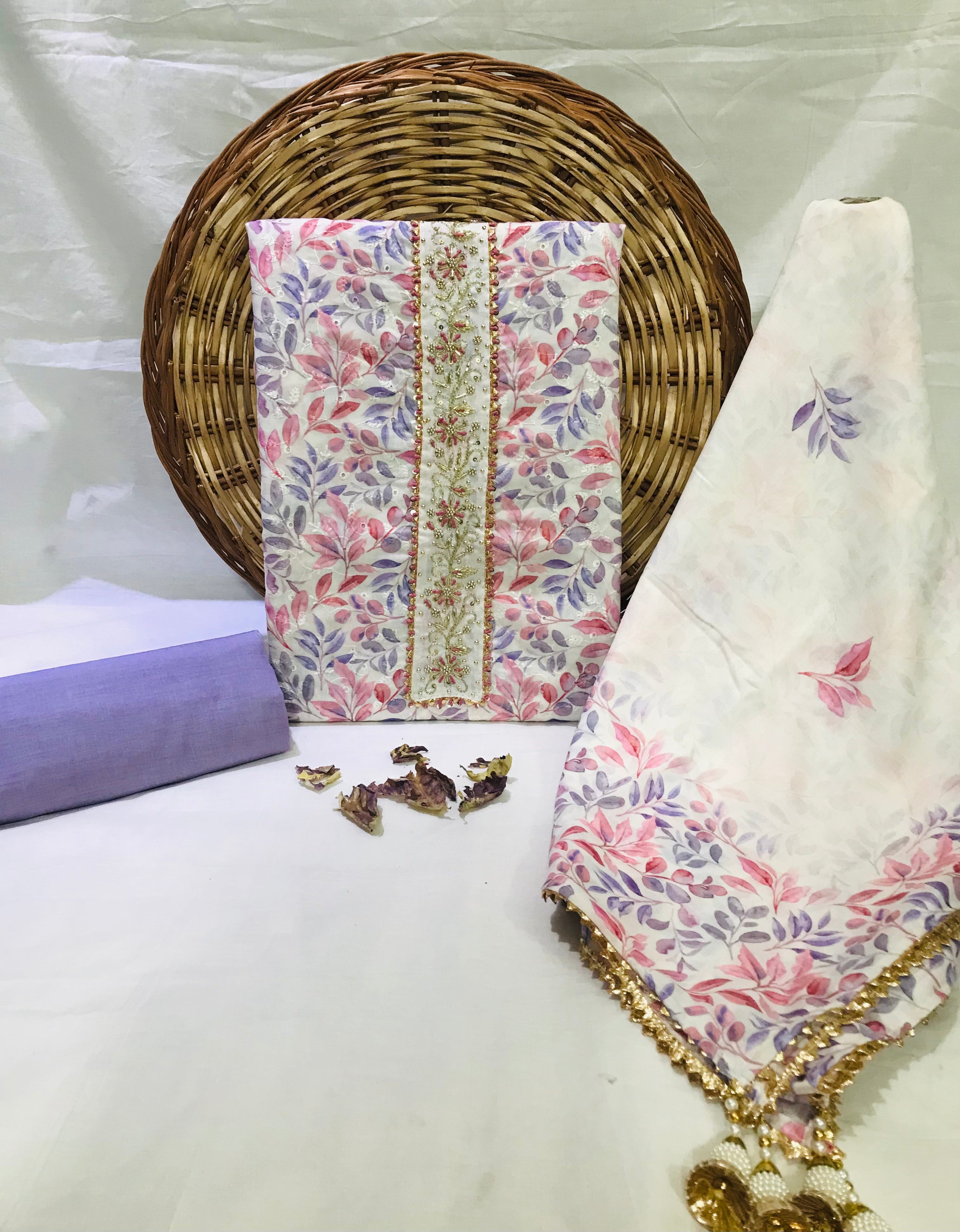 Sanganeri Print Cotton Silk Suit Material with Cotton Silk Dupatta Hand work (GOTAYS109)