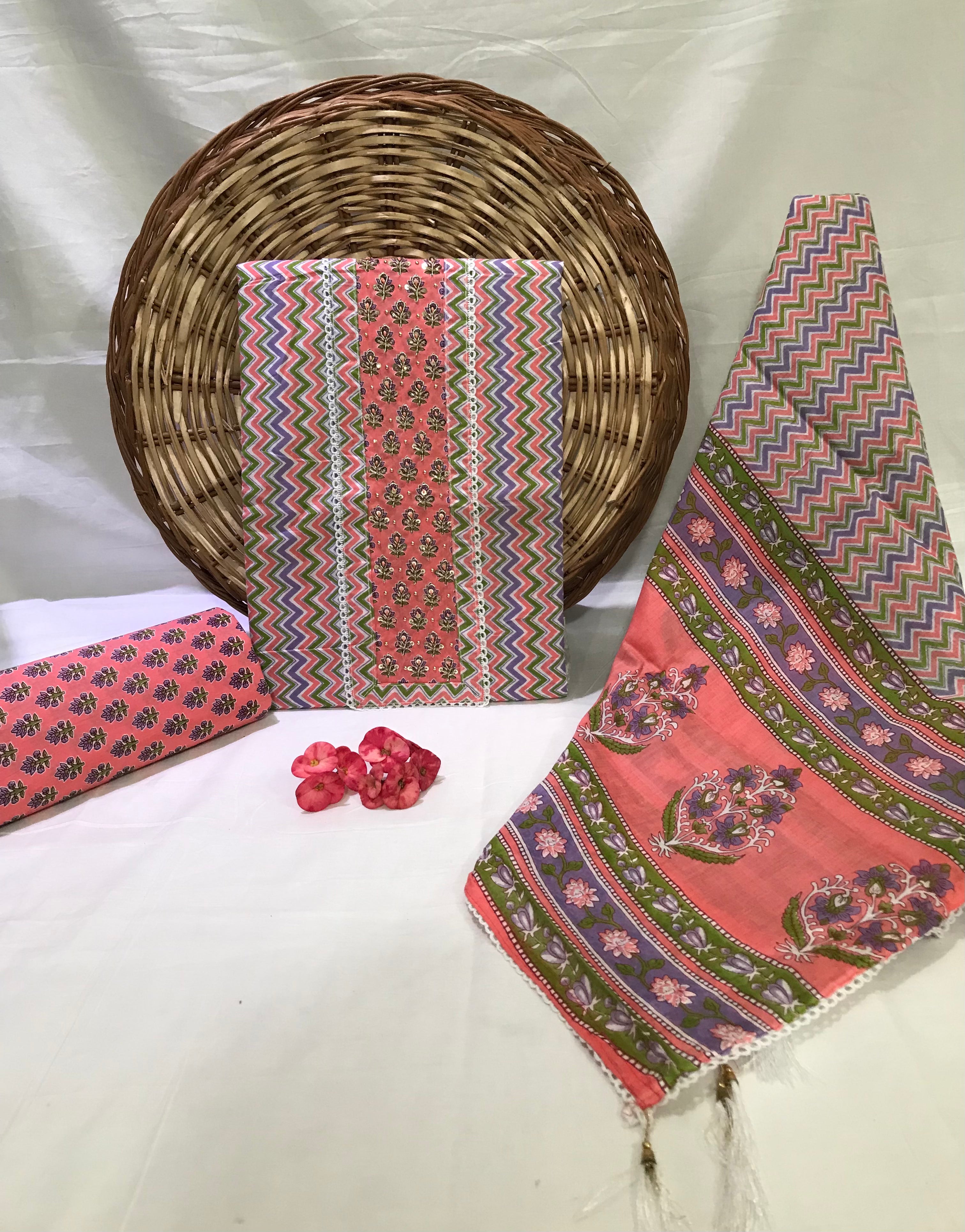 JAIPURI PRINTED COTTON NECK WORK SUITS WITH MULMUL DUPATTA (GOTAYS133)
