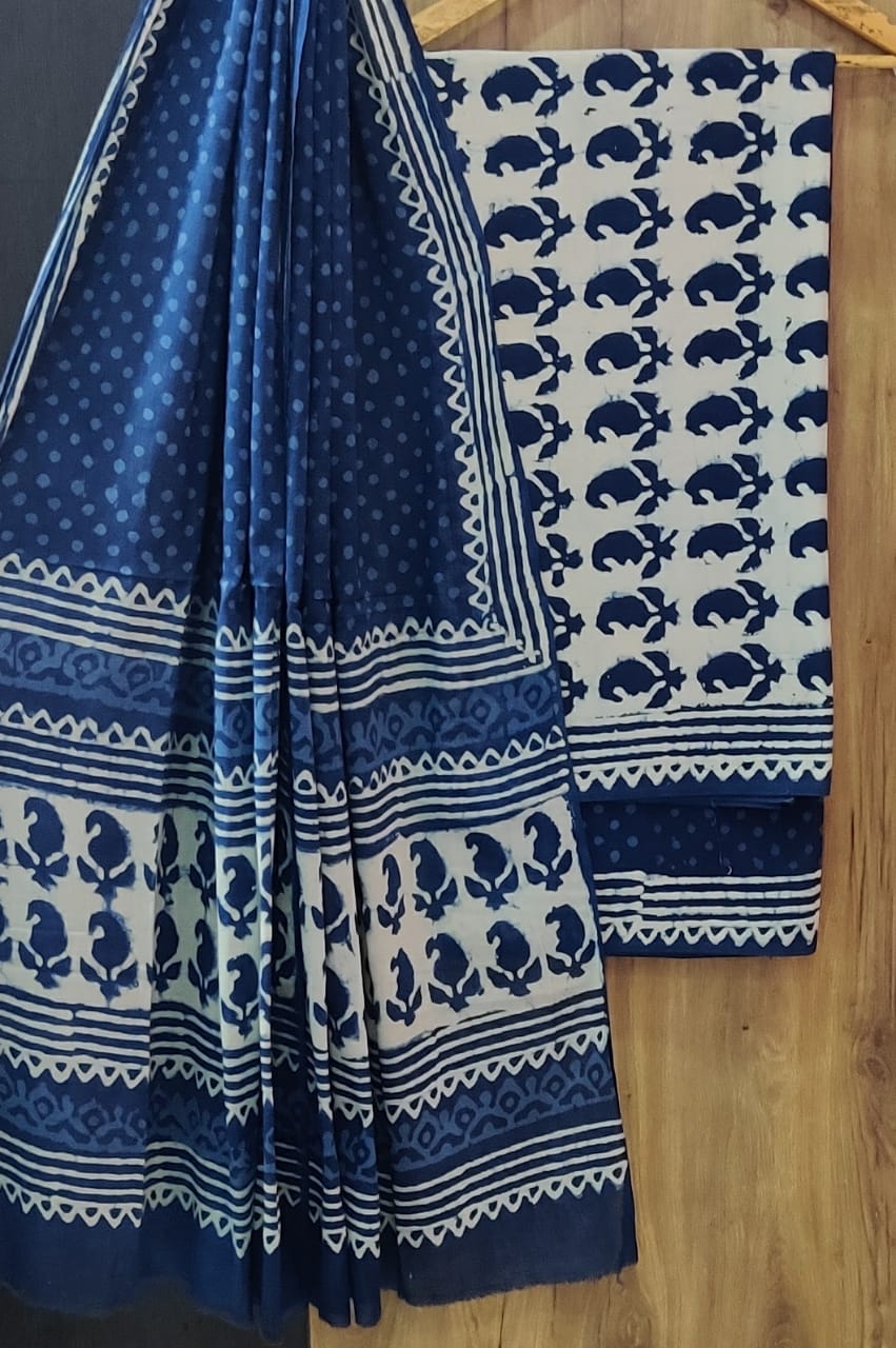 DESIGNER HAND BLOCK INDIGO PRINT PURE COTTON SUIT WITH COTTON MULMUL DUPATTA (MALYS40)
