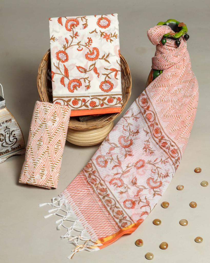 EXCLUSIVE HAND BLOCK PRINT PURE COTTON SUIT MATERIAL WITH KOTA DORIA DUPATTA (3CKDYS89)