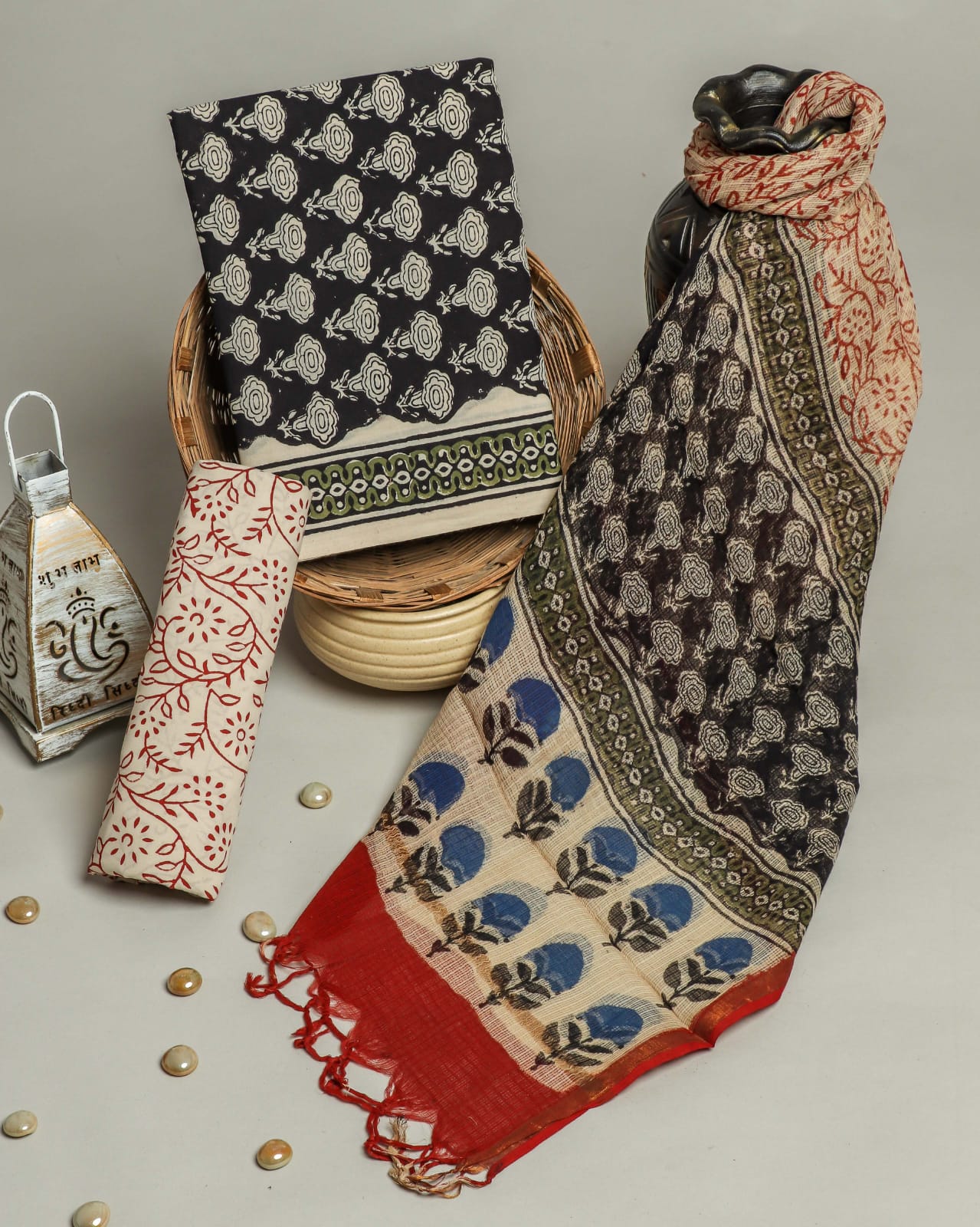 Appealing Floral Hand Block Print Cotton Suit With Kota Doria