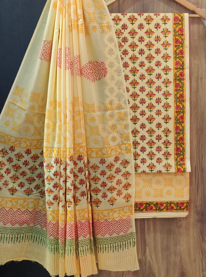 DESIGNER HAND BLOCK PRINT PURE COTTON SUIT WITH COTTON MULMUL DUPATTA (MALYS70)