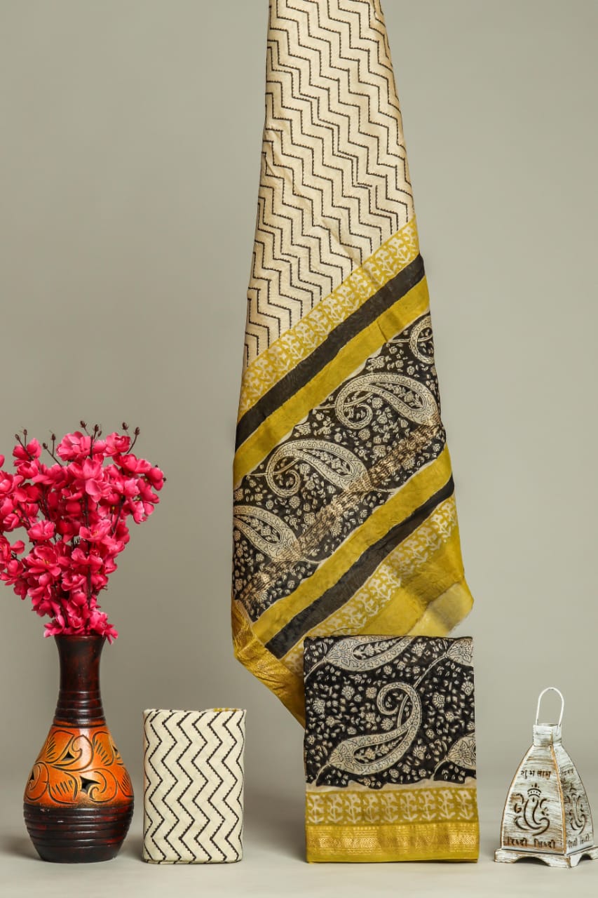 Designer Hand Block Print Maheshwari Silk Suit Set (MSLYS56)