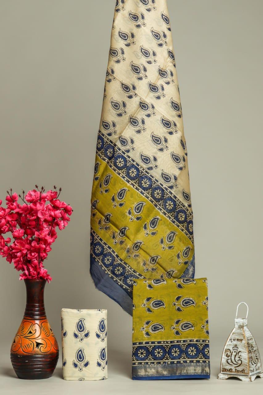 EXCLUSIVE HAND BLOCK PRINT MAHESHWARI SILK SUIT WITH MAHESHWARI SILK DUPATTA (MSLYS66)