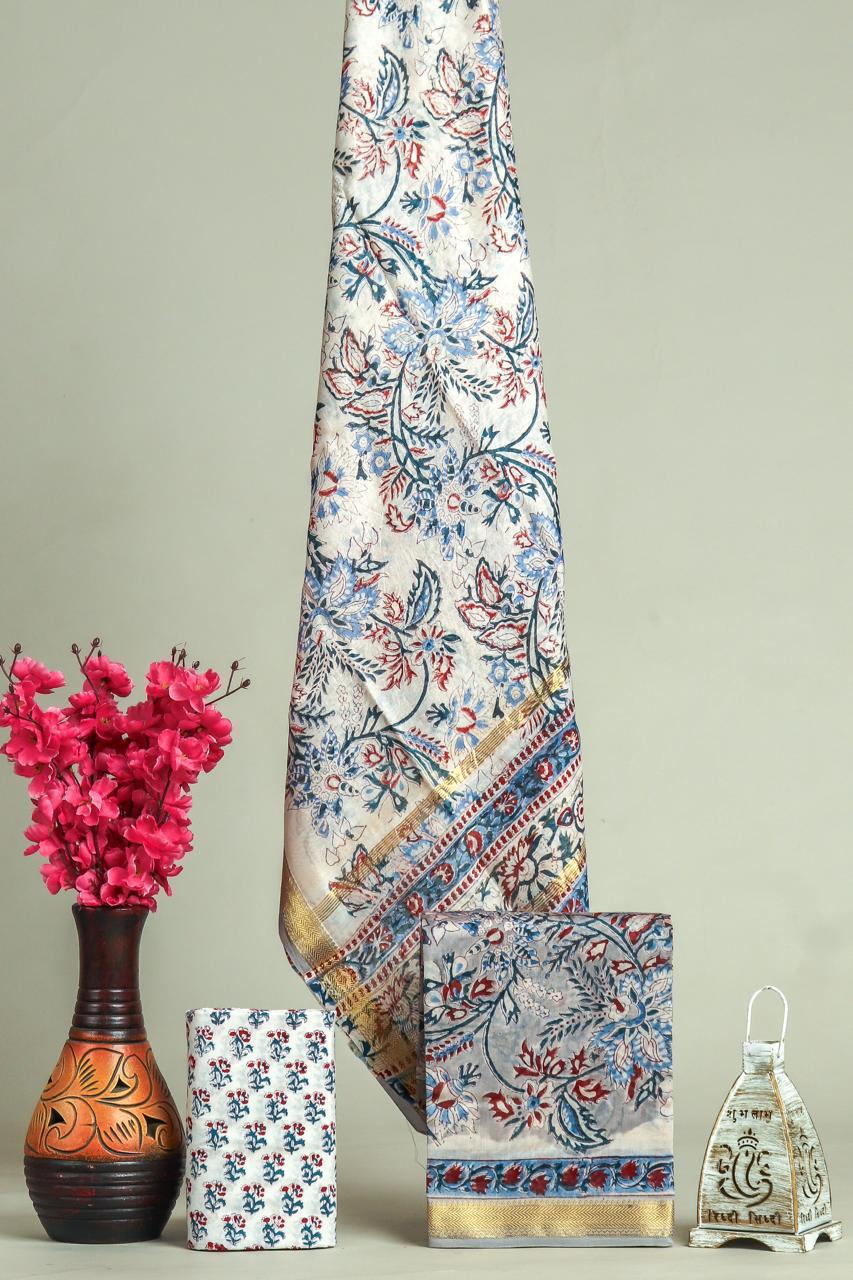 Designer Hand Block Print Maheshwari Silk Suit Set (MSLYS07)
