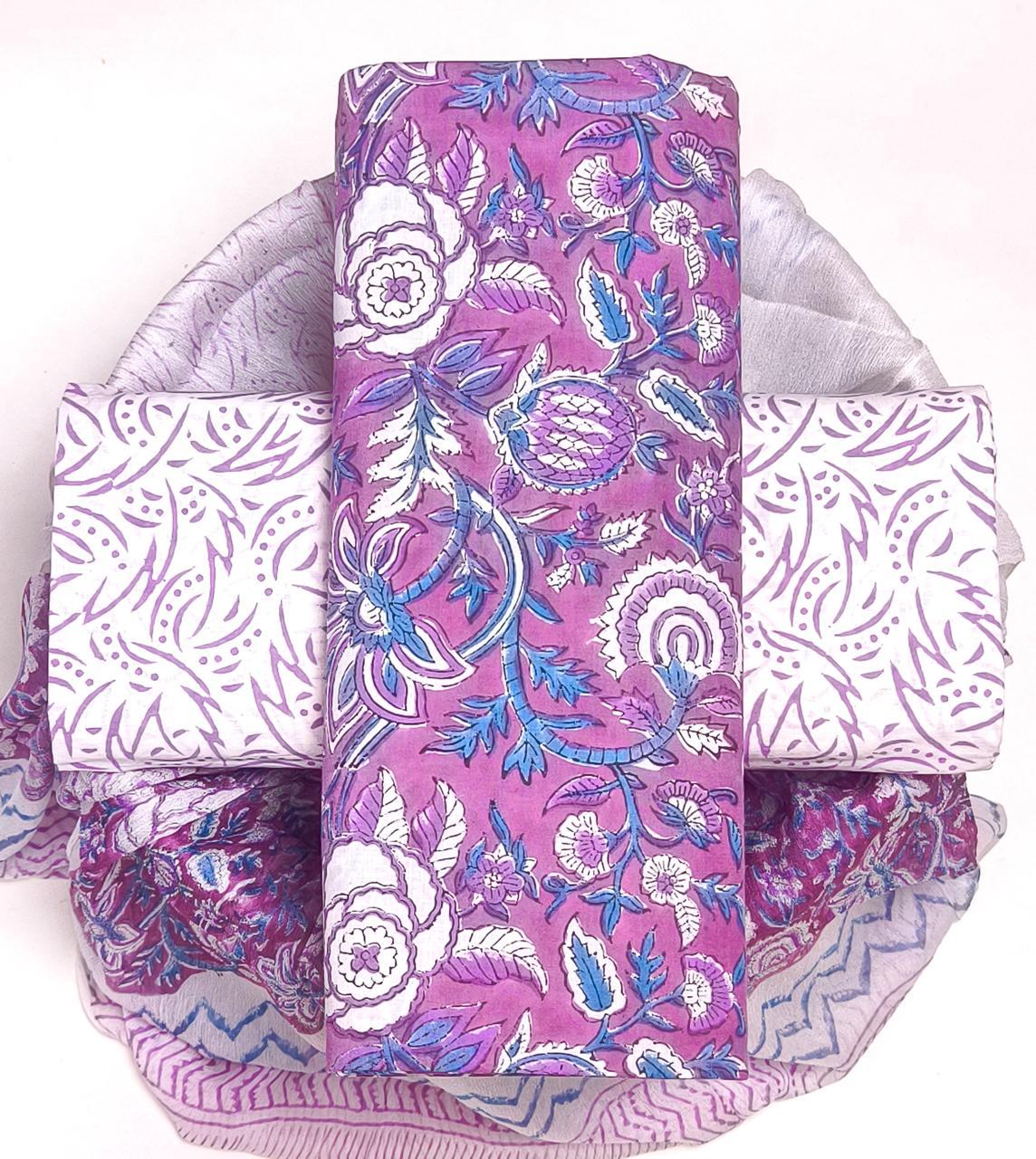 YUVI STYLE HAND BLOCK PRINT PURE COTTON SUIT WITH CHIFFION DUPTTA (PCHFYS123)