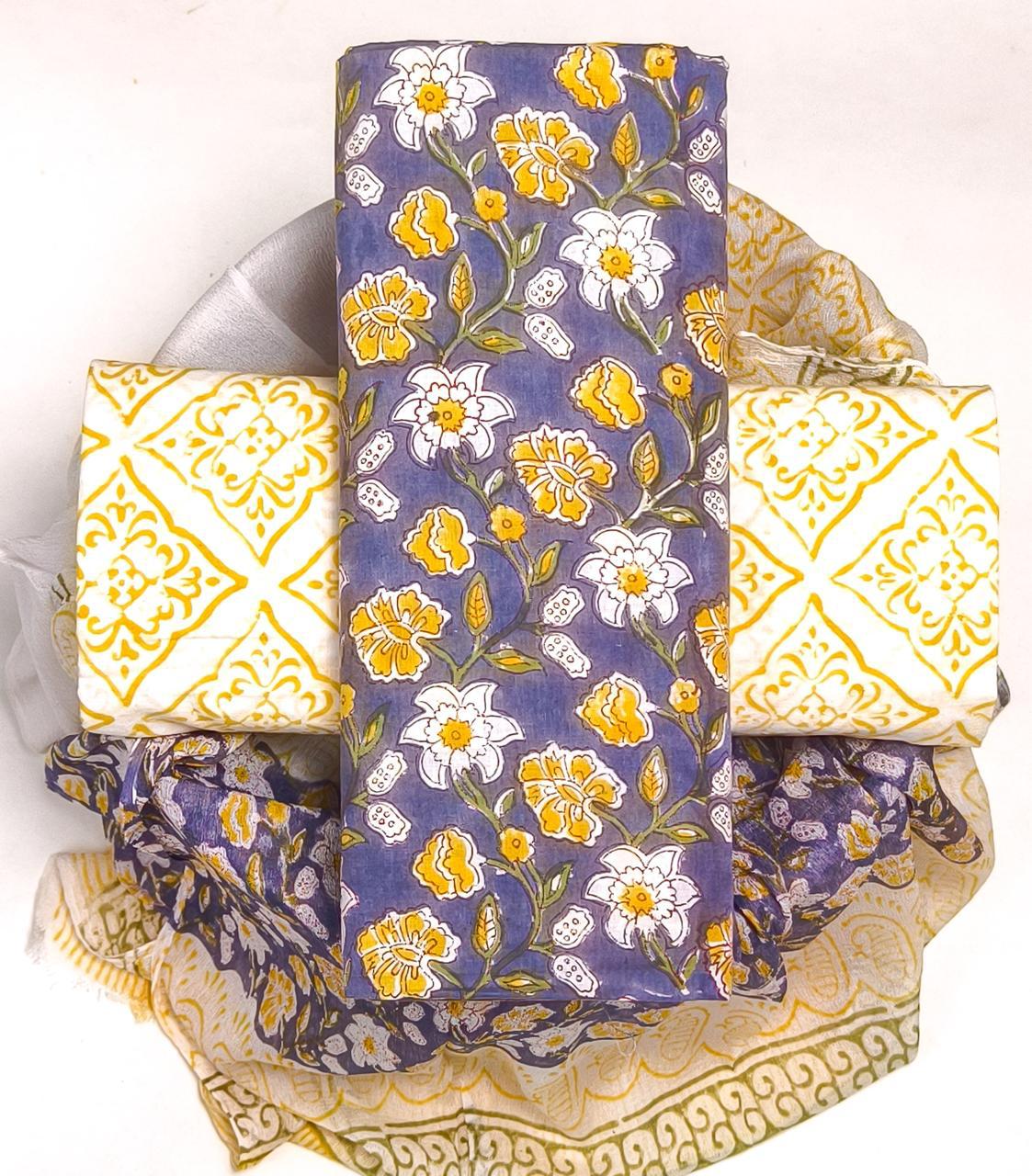 DESIGNER HAND BLOCK PRINT PURE COTTON SUIT WITH CHIFFON DUPATTA (PCHFYS182)