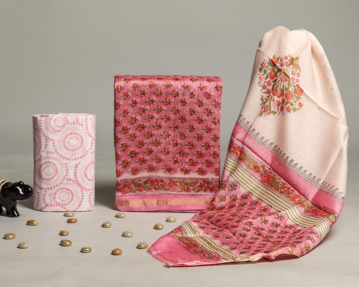 EXCLUSIVE HAND BLOCK CHANDERI SILK SUIT SET WITH CHANDERI DUPATTA (CHDYS111)