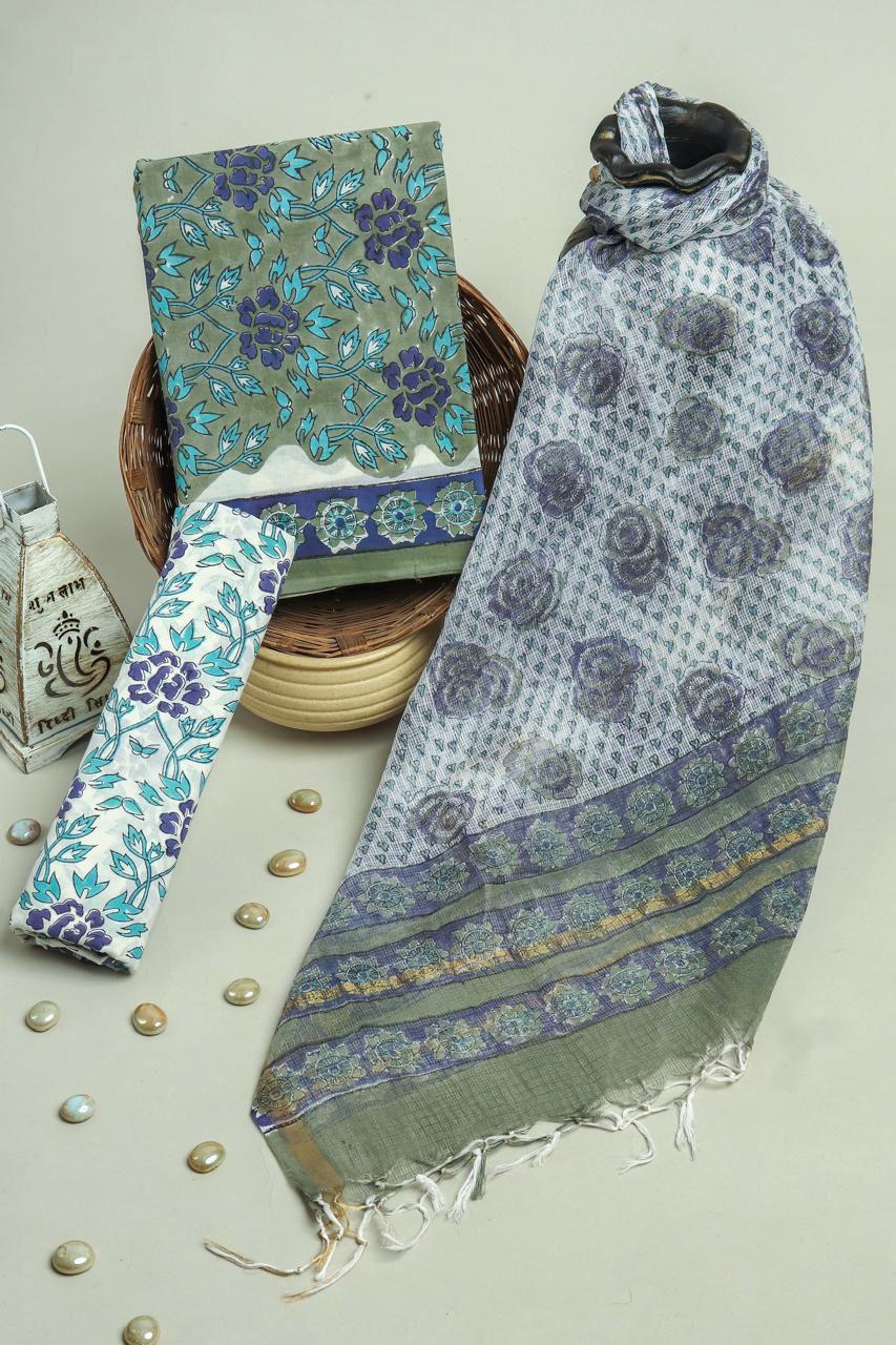 YUVI STYLE HAND BLOCK PURE COTTON SUIT WITH KOTA DORIA DUPATTA (3CKDYS171)