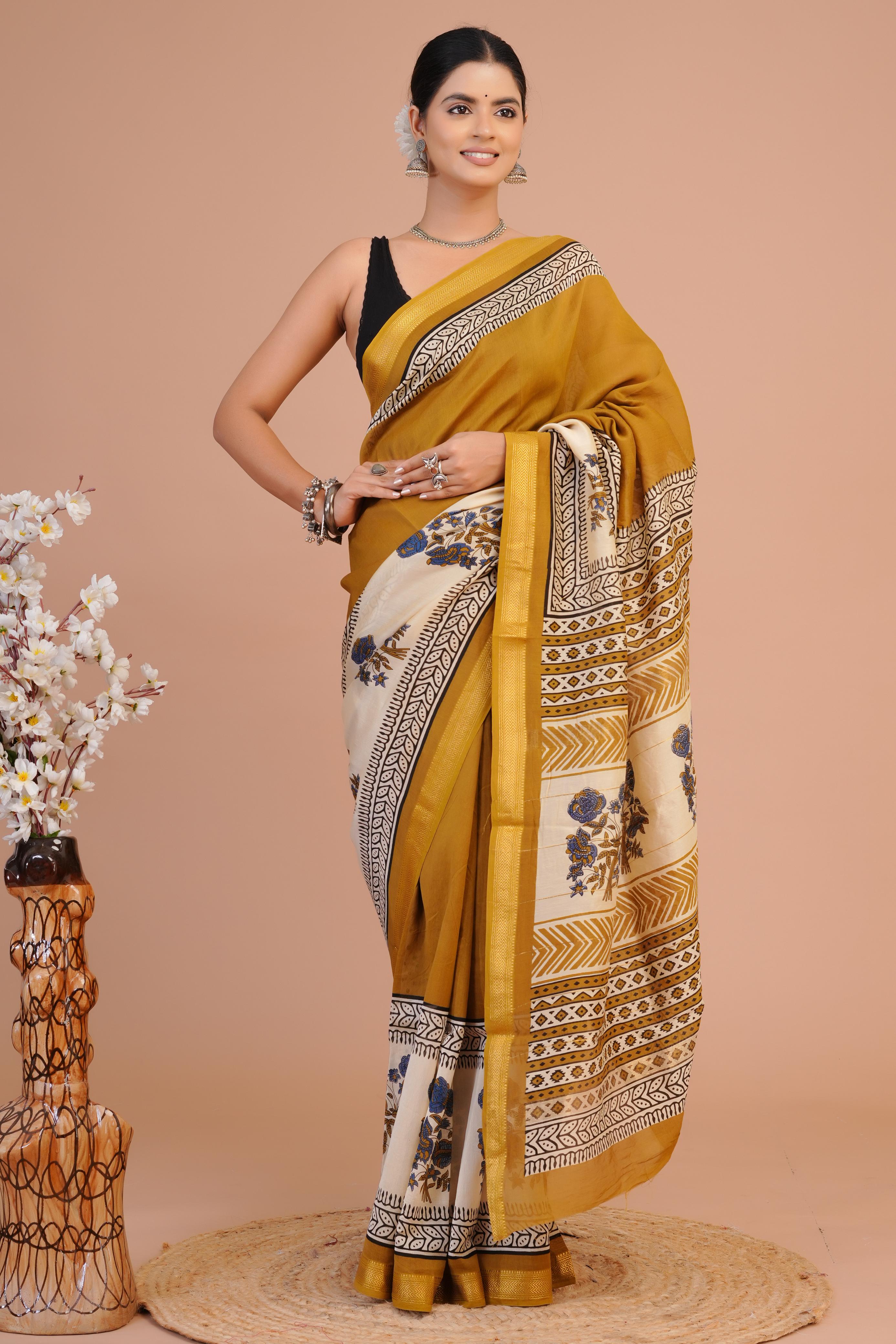DESIGNER HAND BLOCK PRINTED MAHESWARI SILK SAREE ( MSYS17)