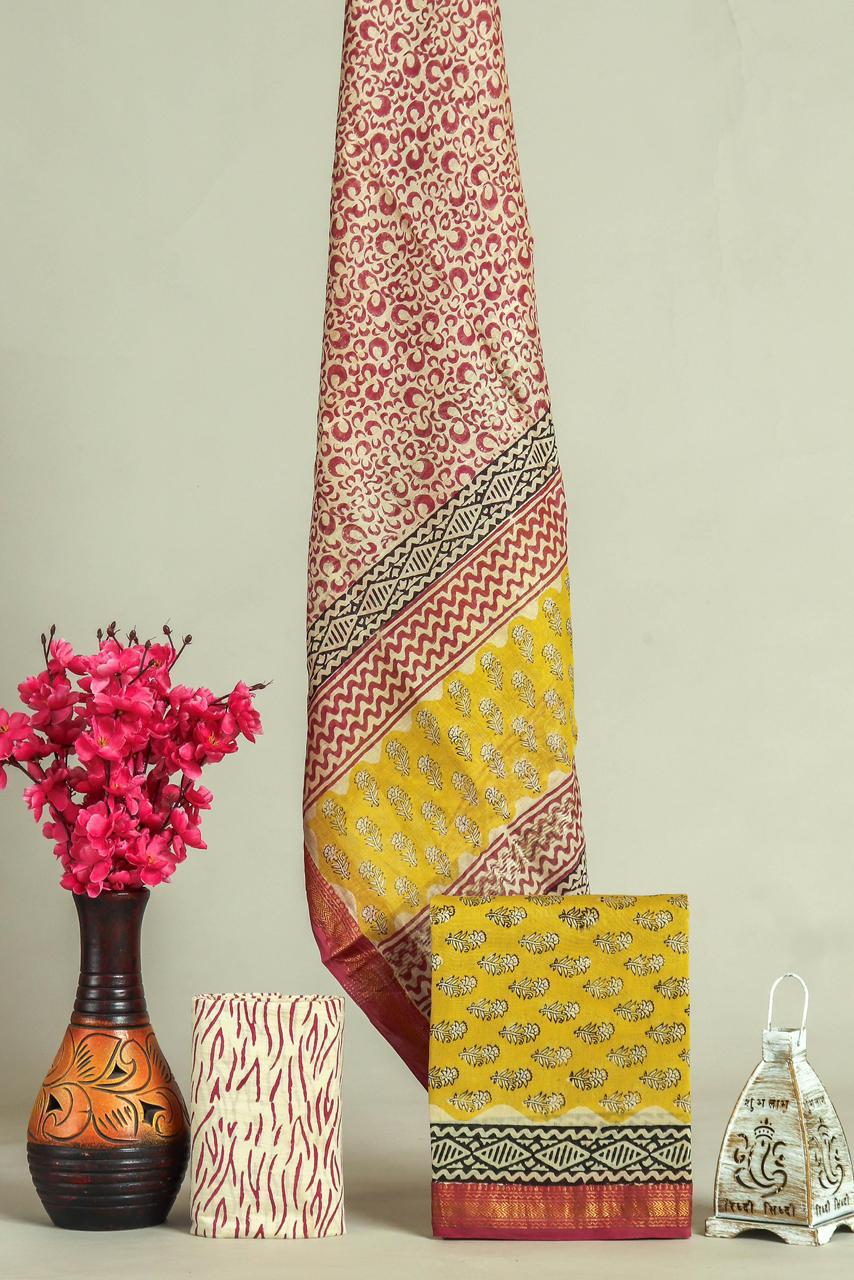 EXCLUSIVE HAND BLOCK PRINT MAHESHWARI SILK SUIT WITH MAHESHWARI SILK DUPPTA(MSLYS74)