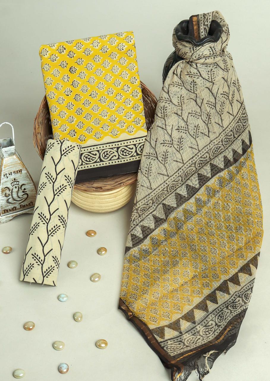 APPEALING FLORAL HAND BLOCK PRINT COTTON SUIT WITH KOTA DORIA DUPATTA (3CKDYS245)
