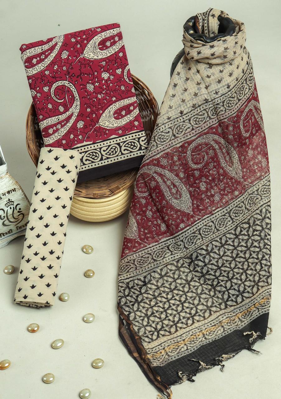 TRADITIONAL HAND HAND BLOCK PURE COTTON SUIT WITH KOTA DORIA DUPATTA (3CKDYS227)