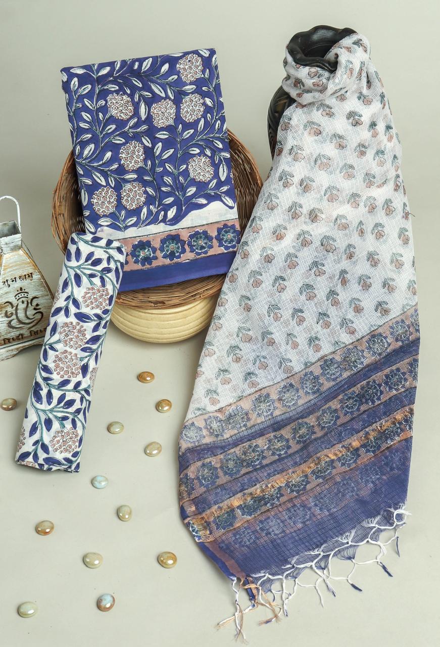 APPEALING FLORAL HAND BLOCK PRINT COTTON SUIT WITH KOTA DORIA DUPATTA (3CKDYS208)