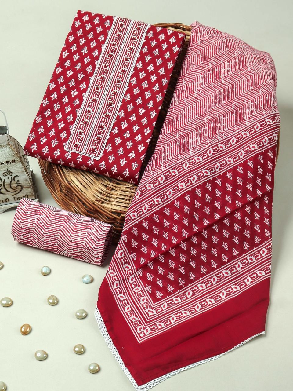 Sanganeri print cotton suit material with cotton dupatta Gotta Tye neck work (GOTAYS (GOTAYS146)