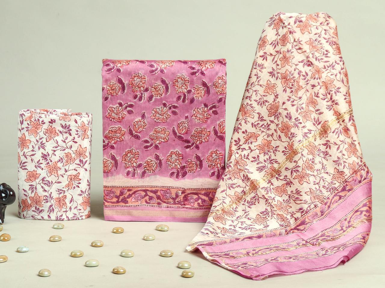 YUVI STYLE HAND BLOCK CHANDERI SILK SUIT SET WITH CHANDERI DUPATTA (CHDYS220)