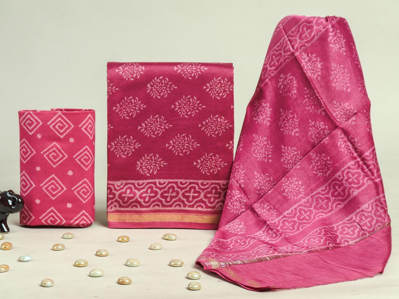 EXCLUSIVE HAND BLOCK CHANDERI SILK SUIT SET WITH CHANDERI DUPATTA (CHDYS183)