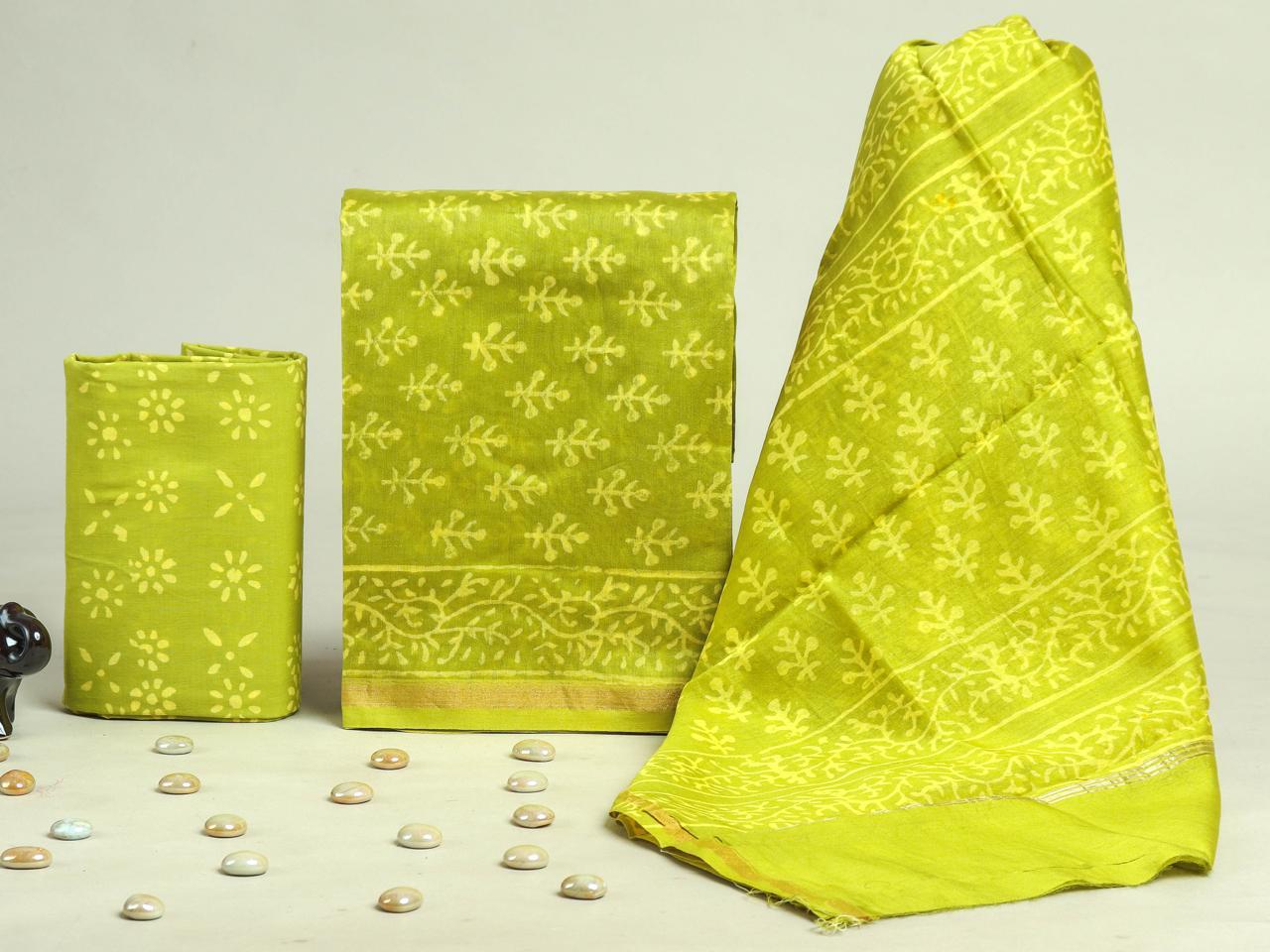 Designer Hand Block Chanderi Silk Suit set with Chanderi Dupatta (CHDYS130)