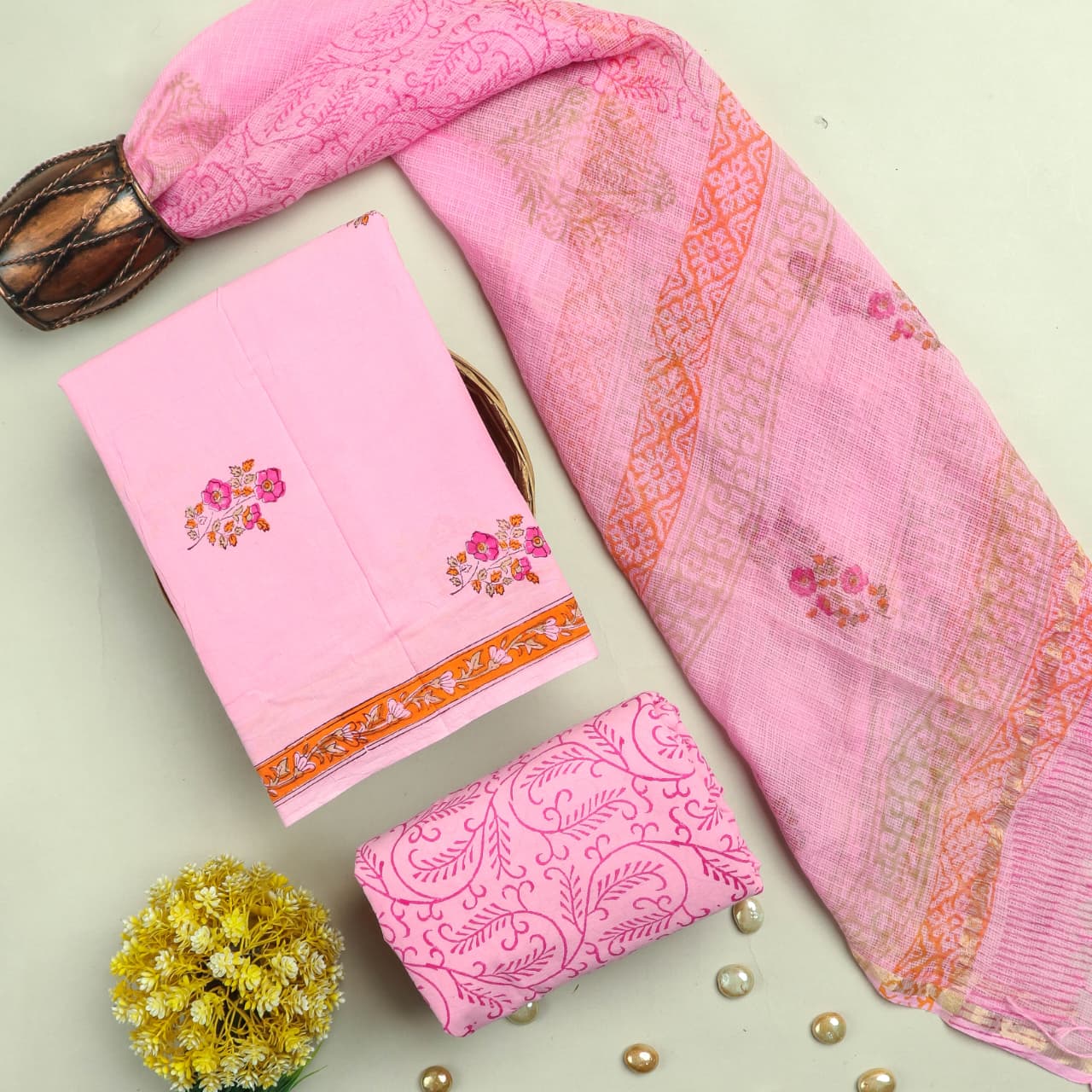 DESIGNER HAND BLOCK PRINT PURE COTTON SUIT MATERIAL WITH KOTA DORIA DUPATTA (3CKDYS237)