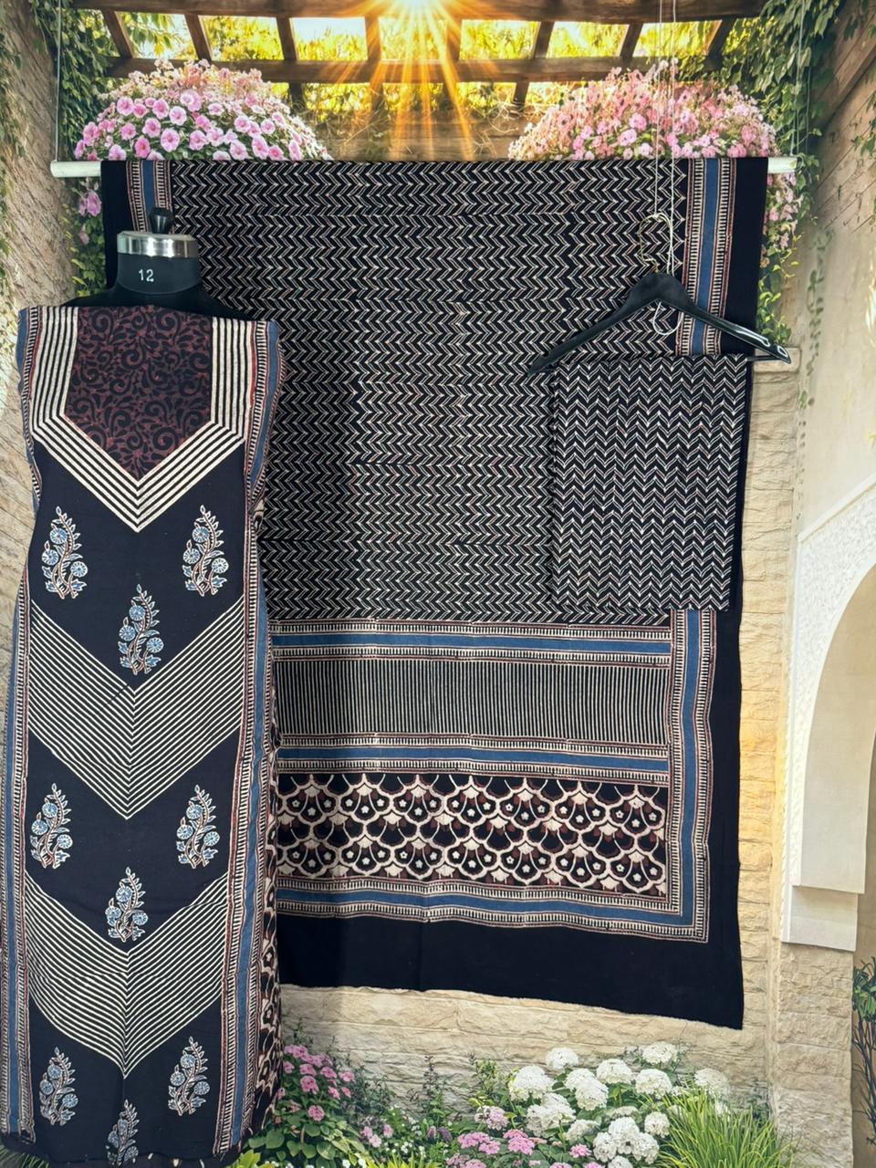 KUTCH HAND BLOCK AJRAK PRINT NATURAL DYED COTTON SUIT WITH COTTON DUPATTA (AJPCYS05)