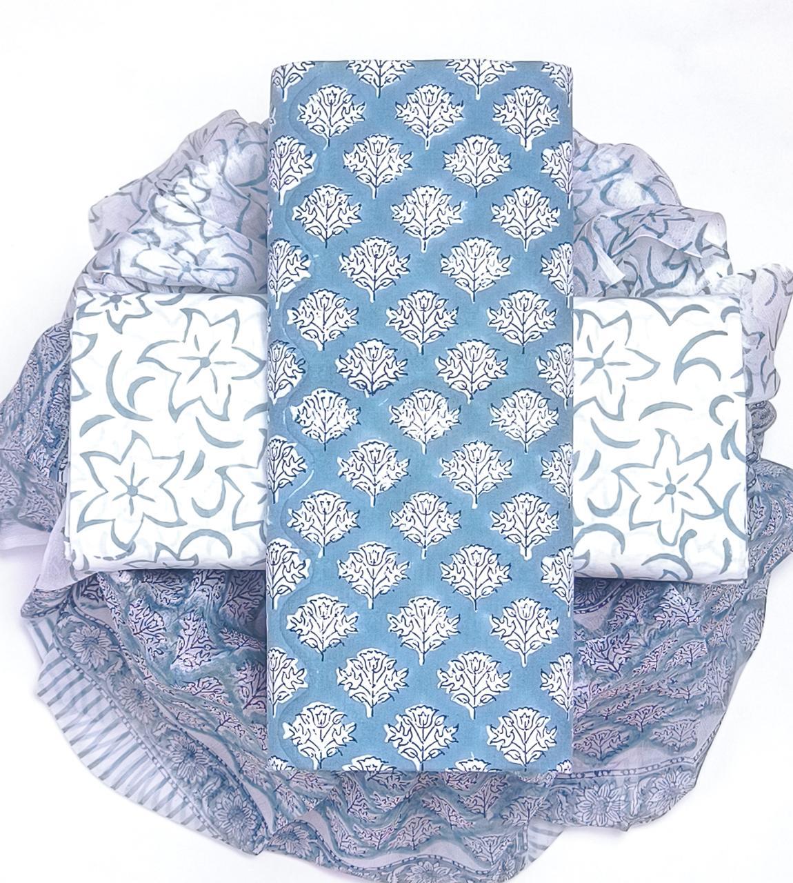 DESIGNER HAND BLOCK PRINT PURE COTTON SUIT WITH CHIFFON DUPATTA (PCHFYS27)