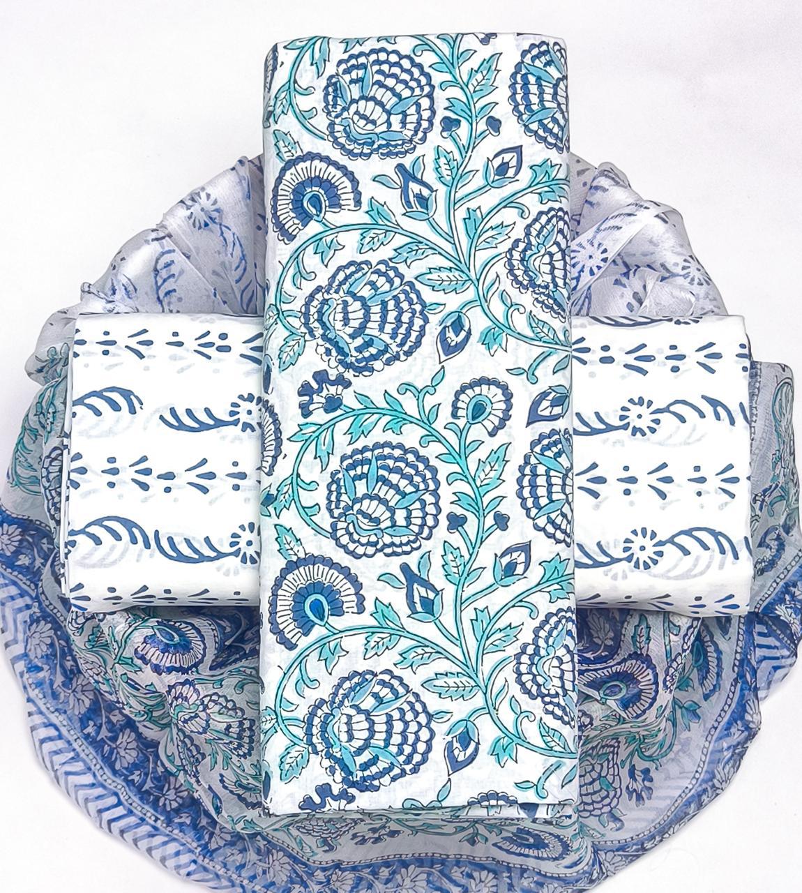 YUVI STYLE HAND BLOCK PRINT PURE COTTON SUIT WITH CHIFFION DUPTTA (PCHFYS132)