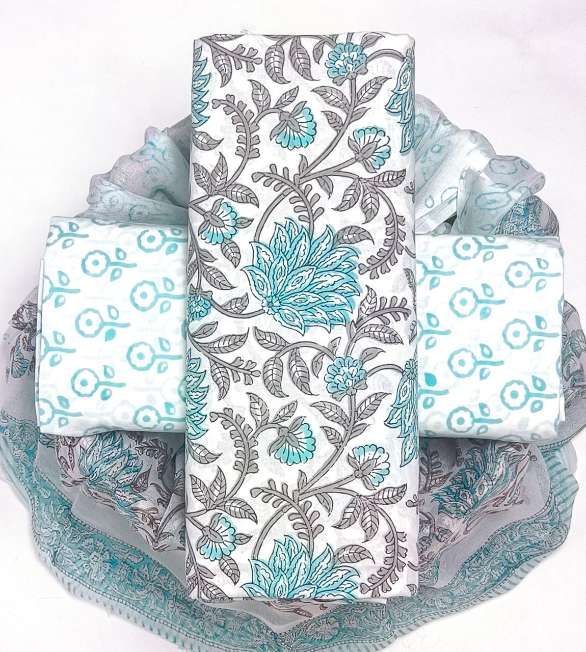 DESIGNER HAND BLOCK PRINT PURE COTTON SUIT WITH CHIFFON DUPATTA (PCHFYS44)