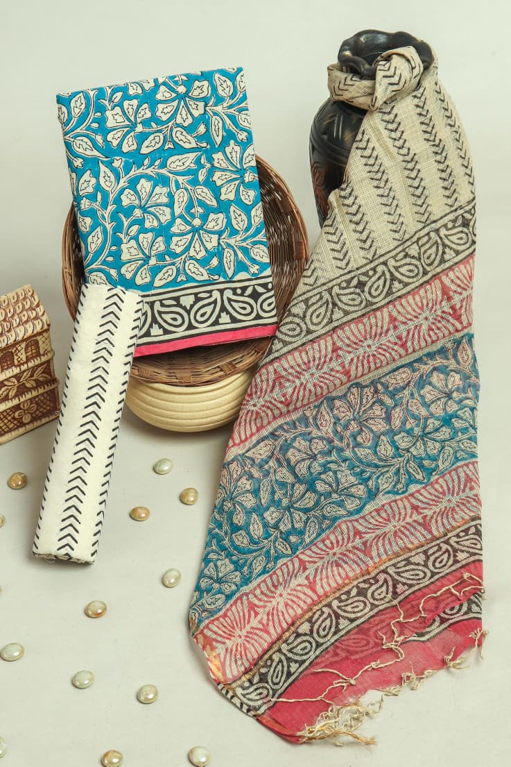 DESIGNER HAND BLOCK PRINT PURE COTTON SUIT MATERIAL WITH KOTA DORIA DUPATTA (3CKDYS25)