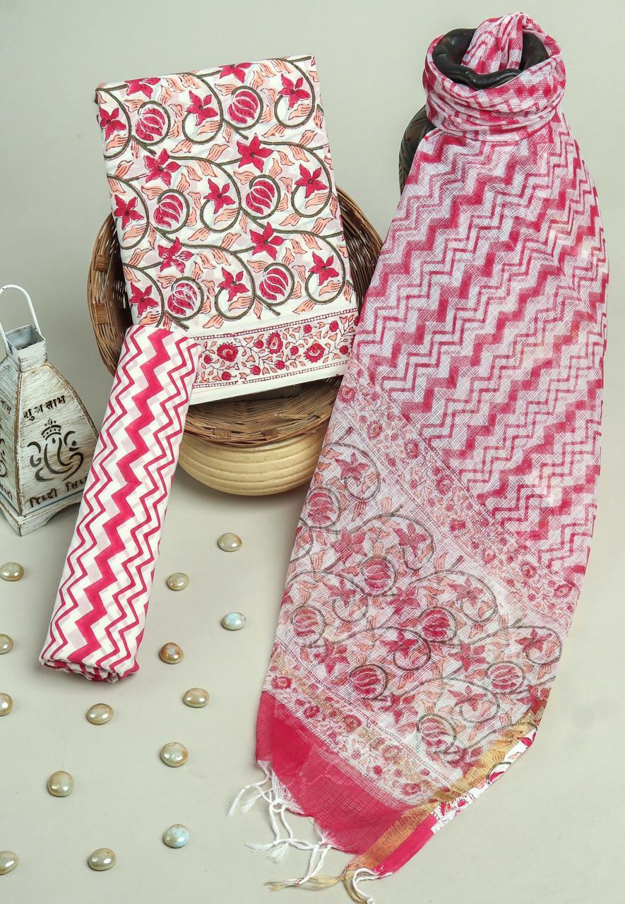 DESIGNER HAND BLOCK PRINT PURE COTTON SUIT MATERIAL WITH KOTA DORIA DUPATTA(3CKDYS45)