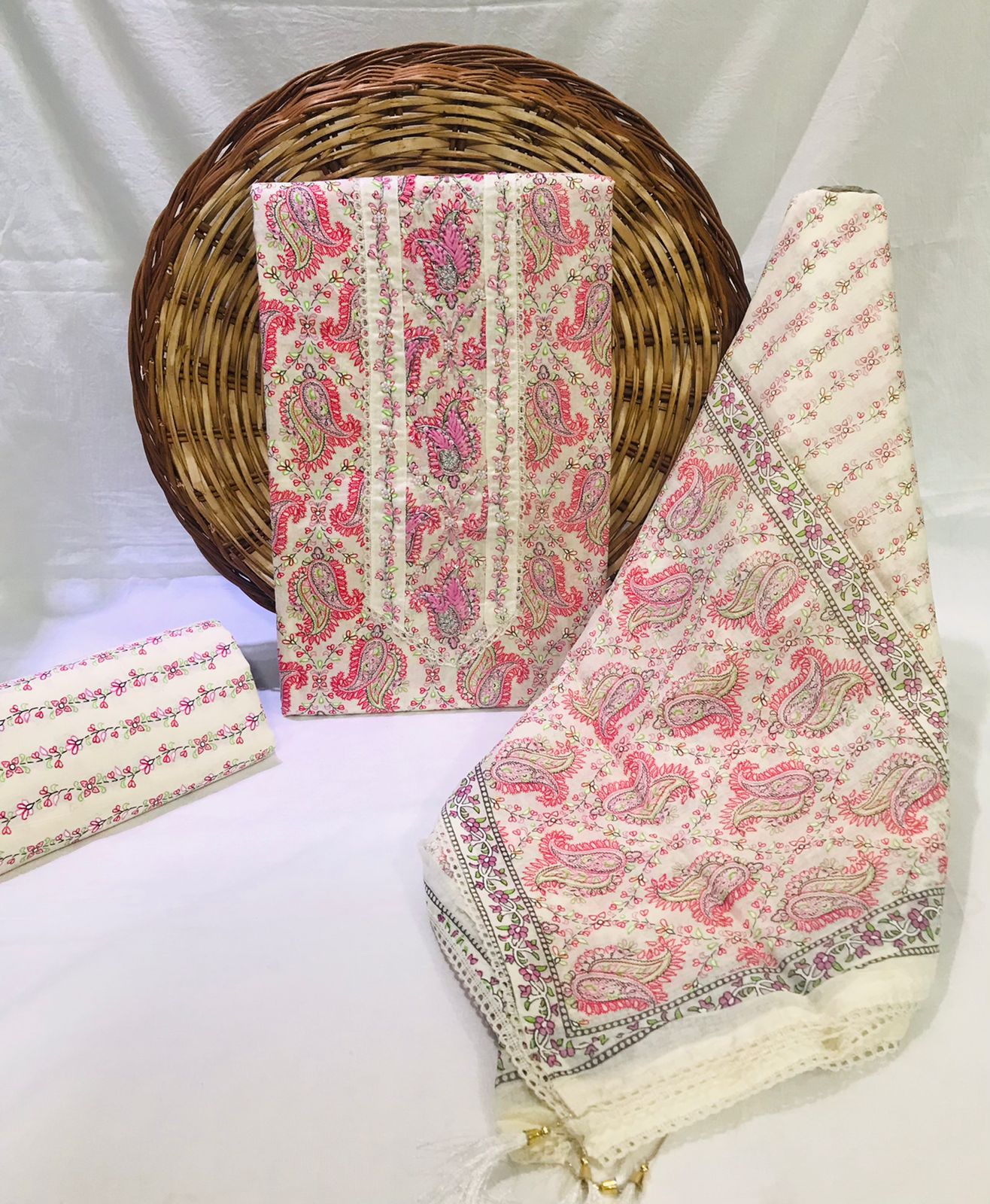 JAIPURI PRINTED COTTON NECK WORK SUITS WITH MULMUL DUPATTA (GOTAYS14)