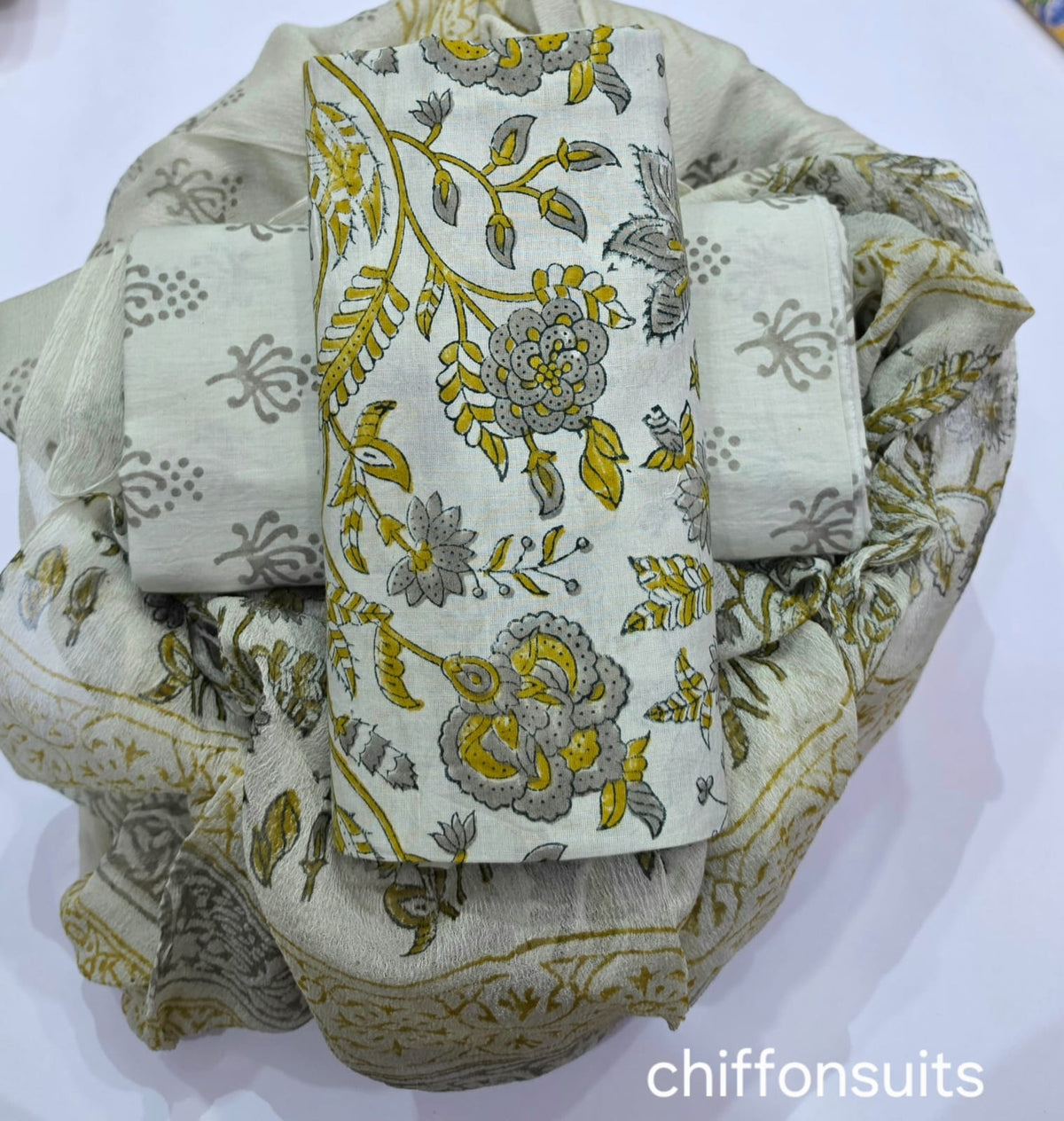 TRADITIONAL HAND BLOCK PRINT PURE COTTON SUIT WITH CHIFFION DUPTTA (PCHFYS156)