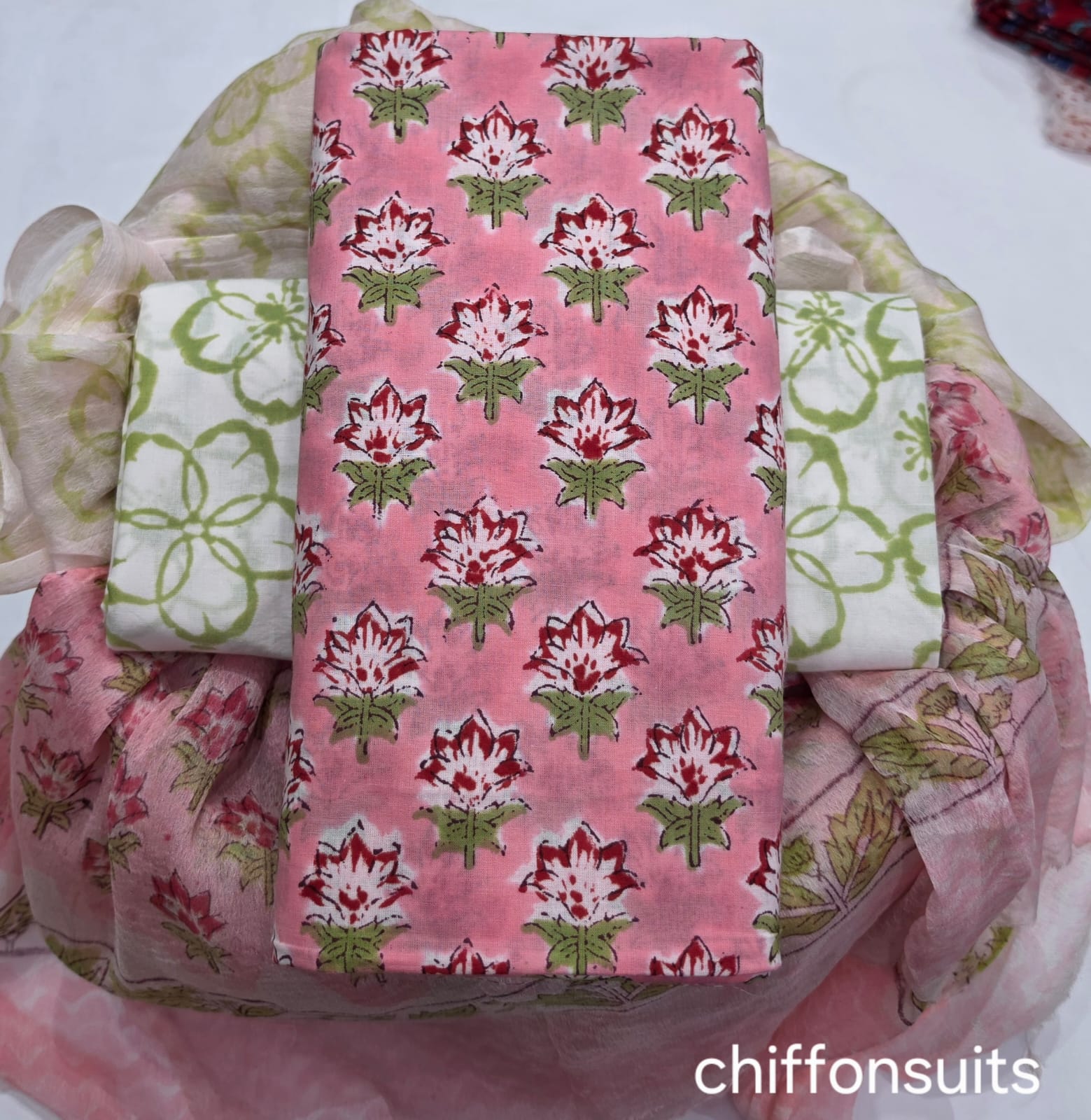 TRADITIONAL HAND BLOCK PRINT PURE COTTON SUIT WITH CHIFFION DUPTTA (PCHFYS156)