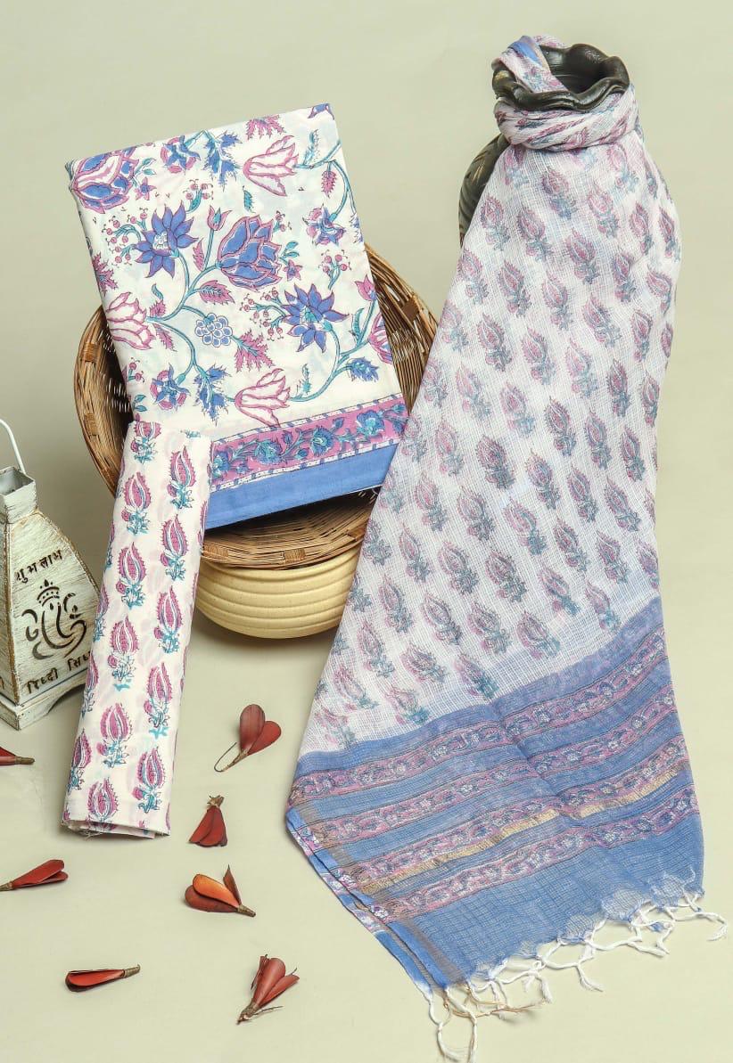 DESIGNER HAND BLOCK PRINT PURE COTTON SUIT MATERIAL WITH KOTA DORIA DUPATTA (3CKDYS25)