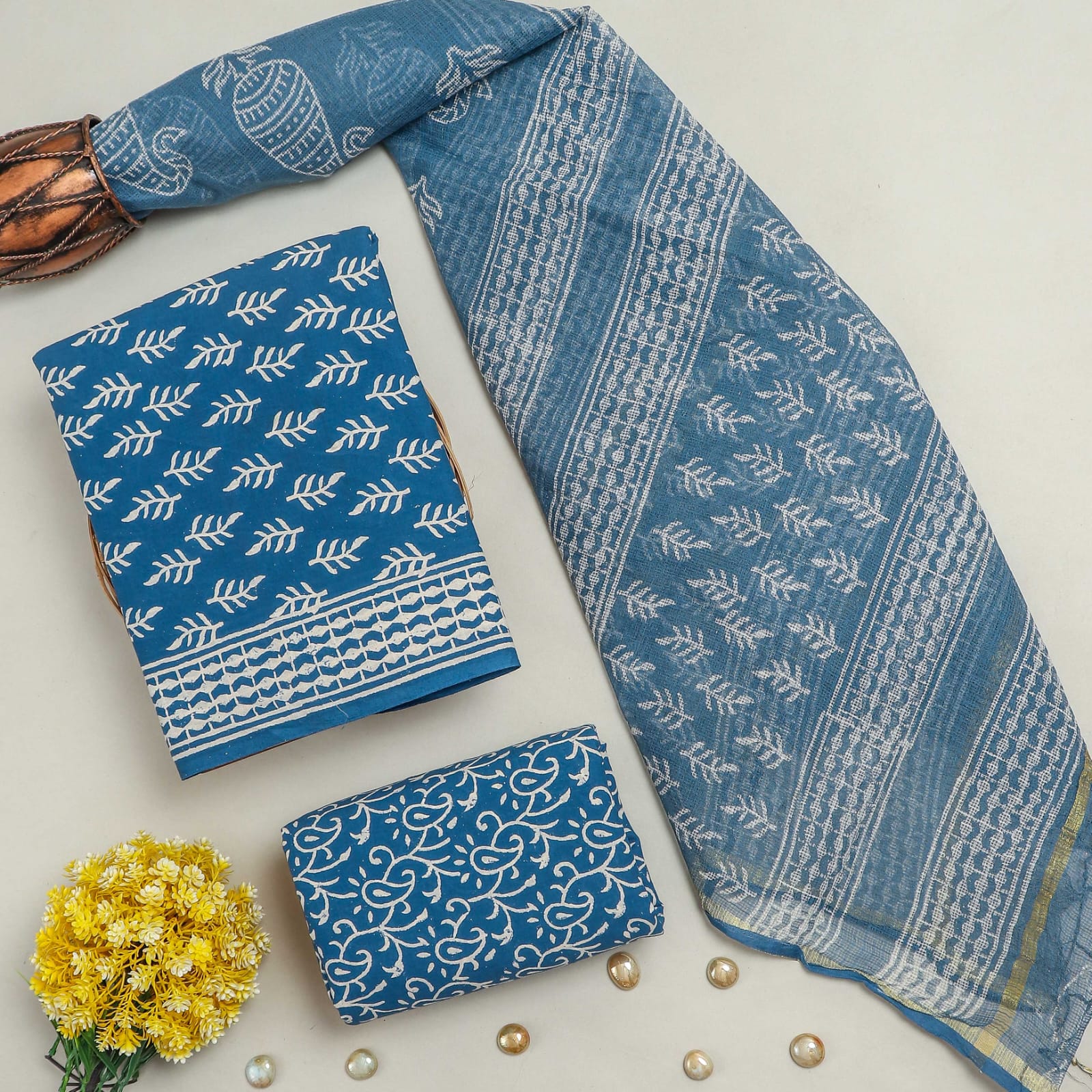 EXCLUSIVE HAND BLOCK PRINT PURE COTTON SUIT MATERIAL WITH KOTA DORIA DUPATTA (3CKDYS87)