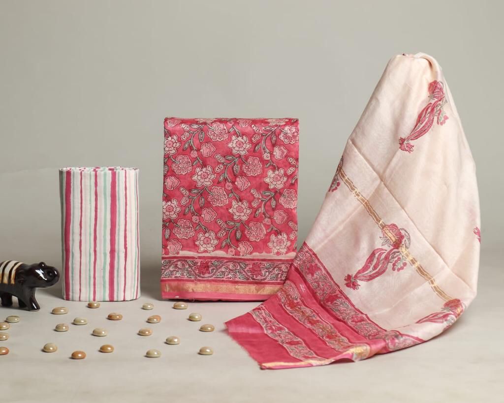 EXCLUSIVE HAND BLOCK CHANDERI SILK SUIT SET WITH  CHANDERI DUPATTA (CHDYS102)