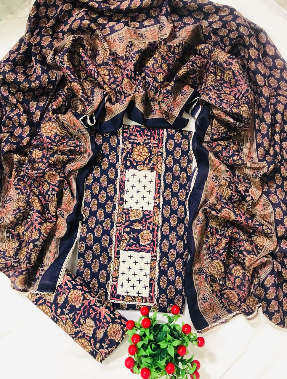 Sanganeri print cotton suit material with cotton dupatta Gotta Neck Work (GOTAYS23)