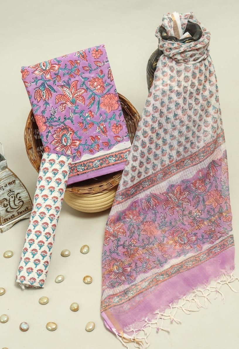 EXCLUSIVE HAND BLOCK PRINT PURE COTTON SUIT MATERIAL WITH KOTA DORIA DUPATTA (3CKDYS90)