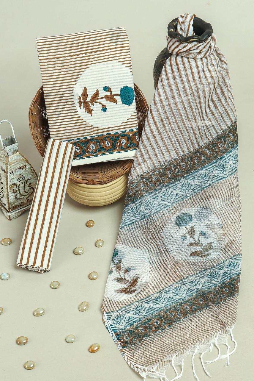 EXCLUSIVE HAND BLOCK PRINT PURE COTTON SUIT WITH KOTA DORIYA DUPTTA (3CKDYS114)