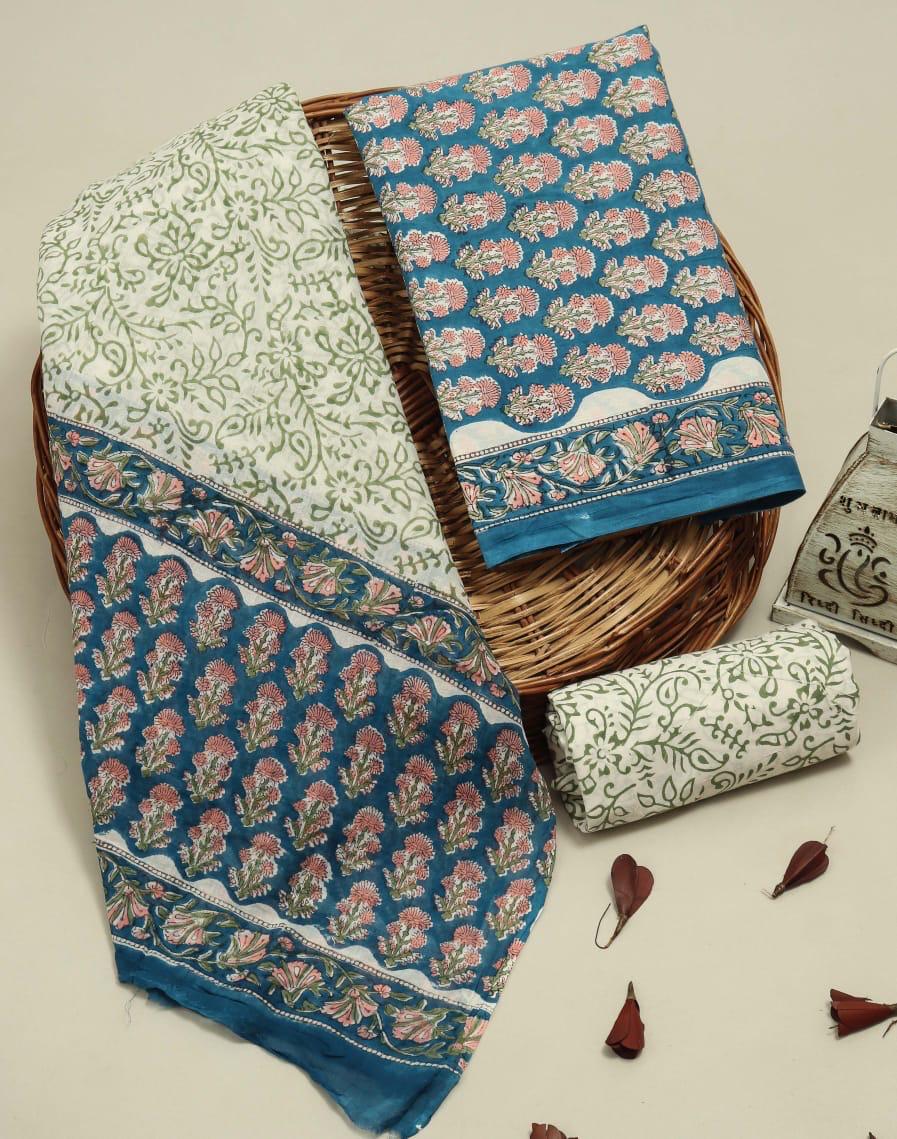 Designer Hand Block Print Pure Cotton Suit with Cotton Mulmul Dupatta (MALYS14)