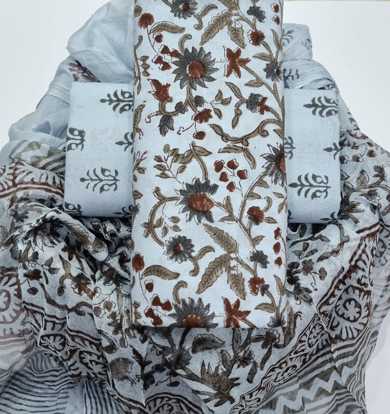 TRADITIONAL HAND BLOCK PRINT PURE COTTON SUIT WITH CHIFFION DUPTTA (PCHFYS157)