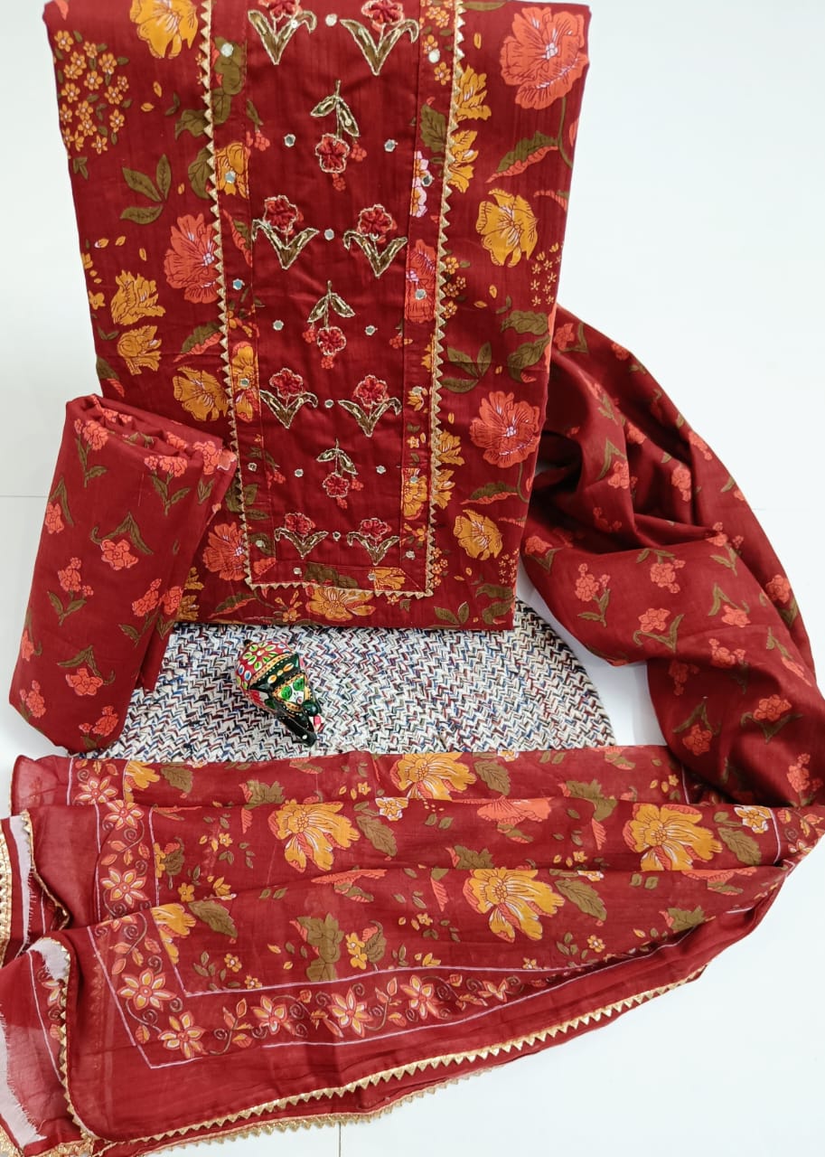 SANGANERI PRINT COTTON SUIT MATERIAL WITH COTTON DUPATTA HAND WORK (GOTAYS126)