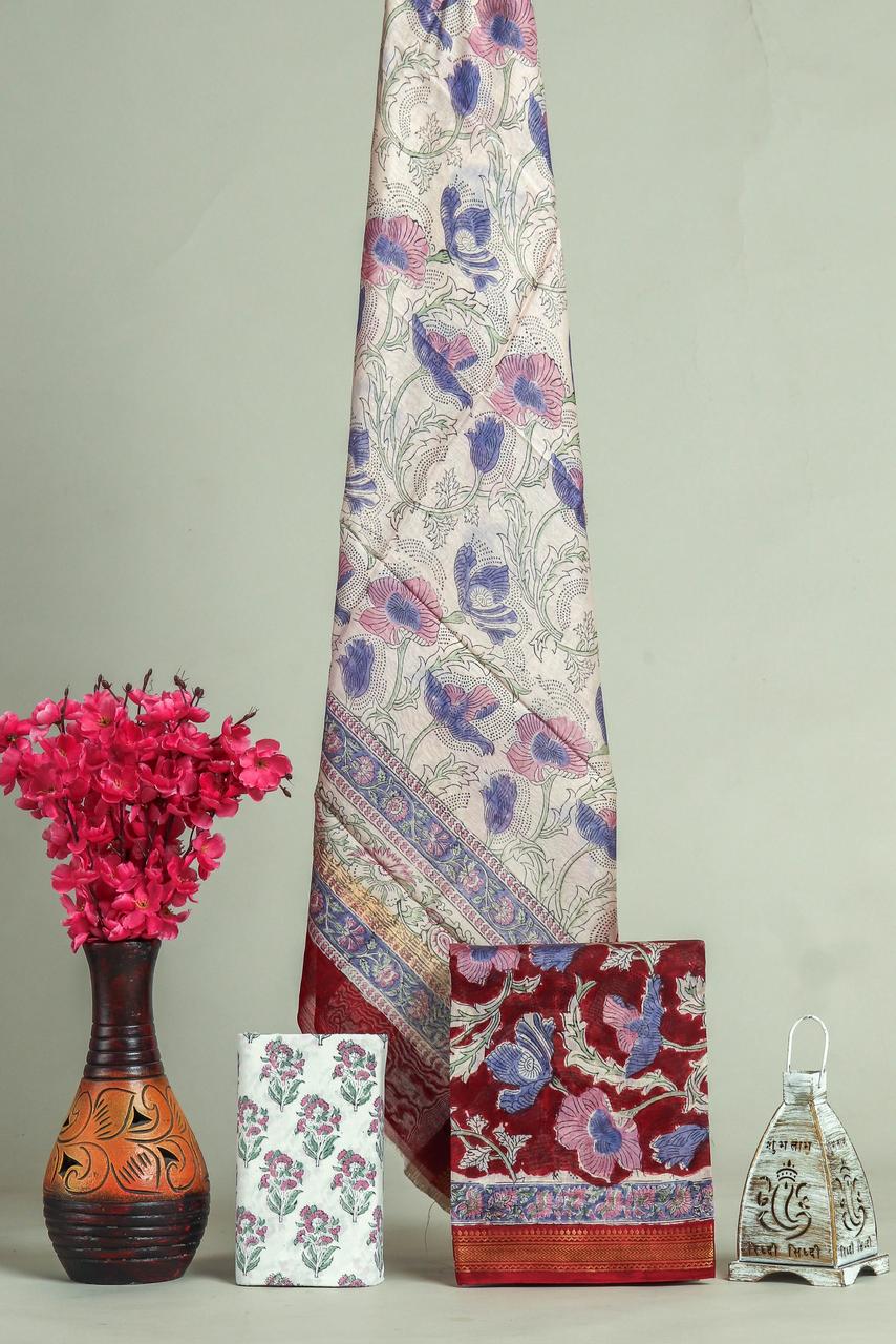Designer Hand Block Print Maheshwari Silk Suit Set (MSLYS17)