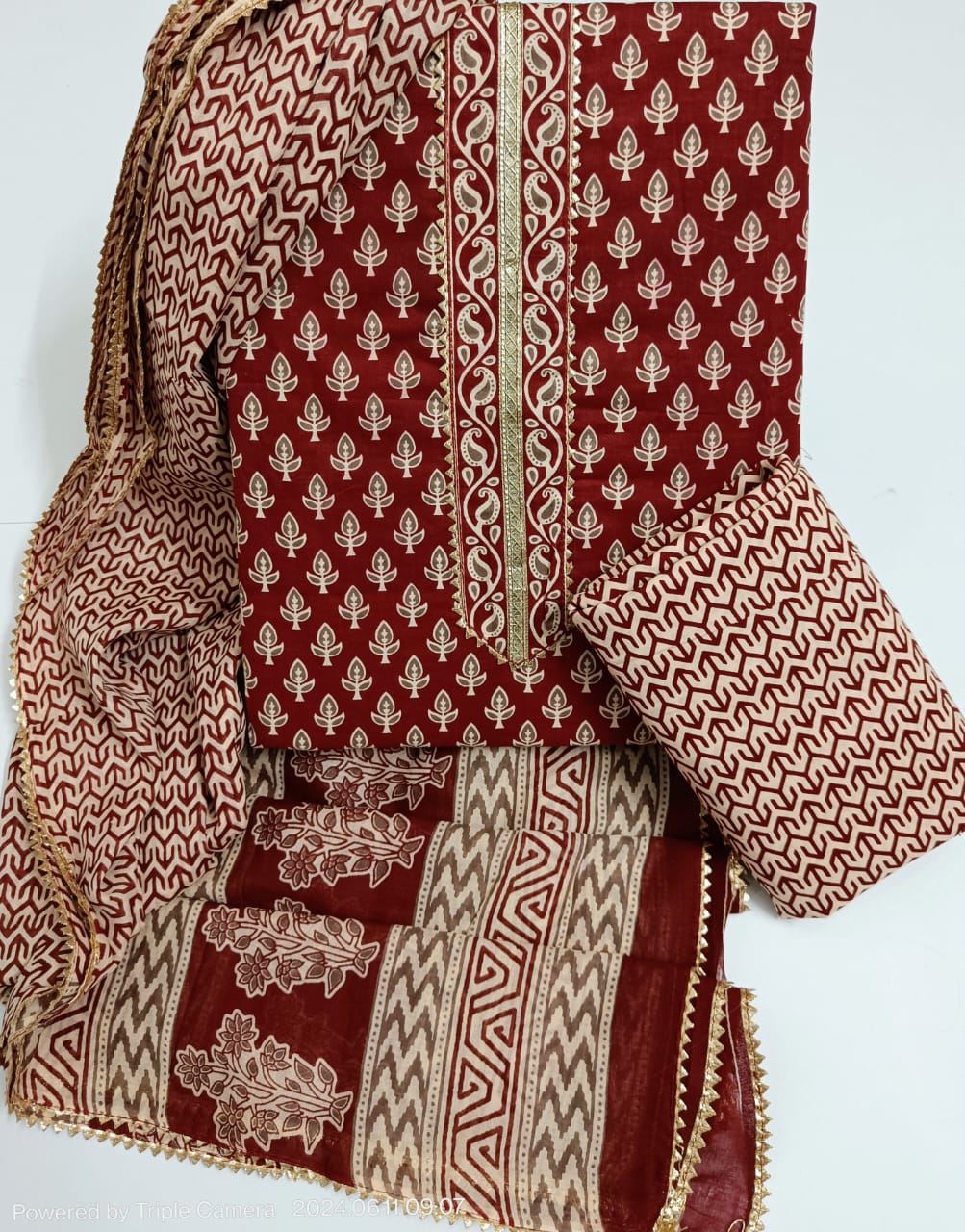 Sanganeri print cotton suit material with cotton dupatta Gotta Tye neck work (GOTAYS02)