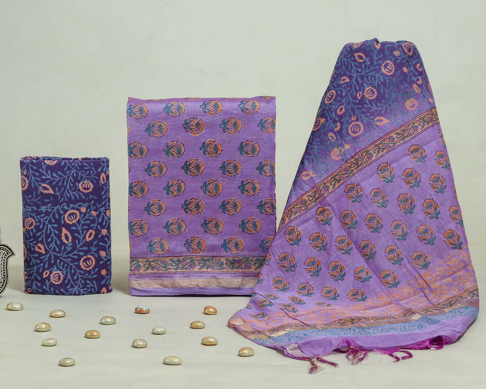 DESIGNER HAND BLOCK PRINT CHANDERI SILK SUIT SET WITH PREMIUM CHANDERI DUPATTA (CHDYS78)