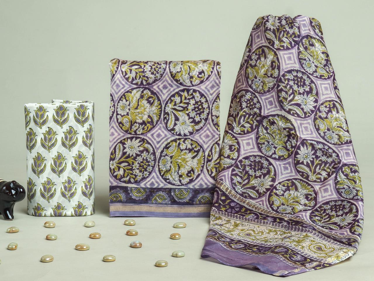 TRADITIONAL HAND BLOCK CHANDERI SILK SUIT SET WITH CHANDERI DUPATTA (CHDYS280)