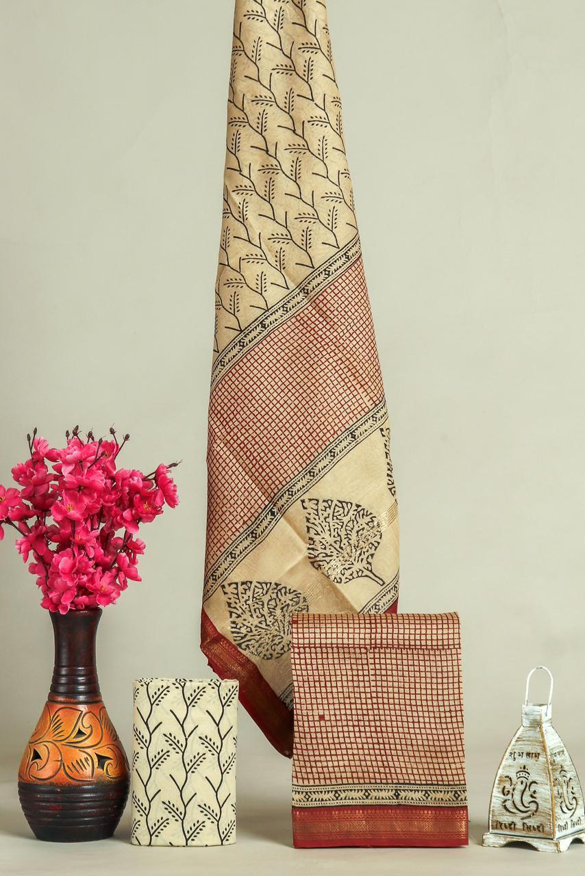 maheshwari silk cotton dress material Designer Hand Block Print Maheshwari Silk Suit Set Mslys36