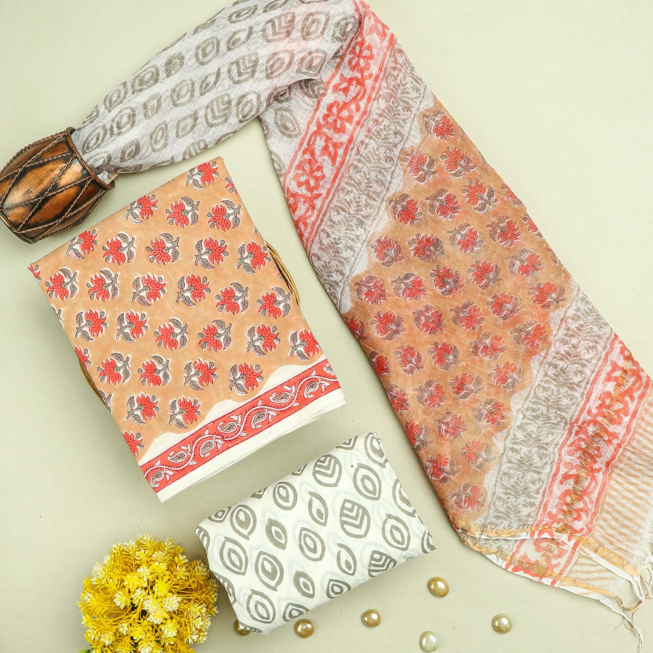 DESIGNER HAND BLOCK PRINT PURE COTTON SUIT MATERIAL WITH KOTA DORIA DUPATTA (3CKDYS58)
