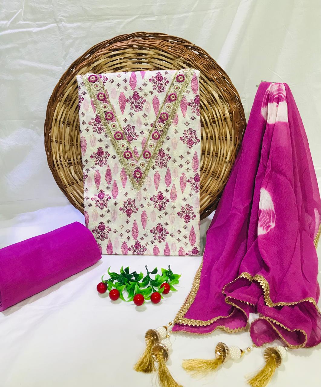 Sanganeri print cotton suit material with Chiffion dupatta Gotta Hand work (GOTAYS67)