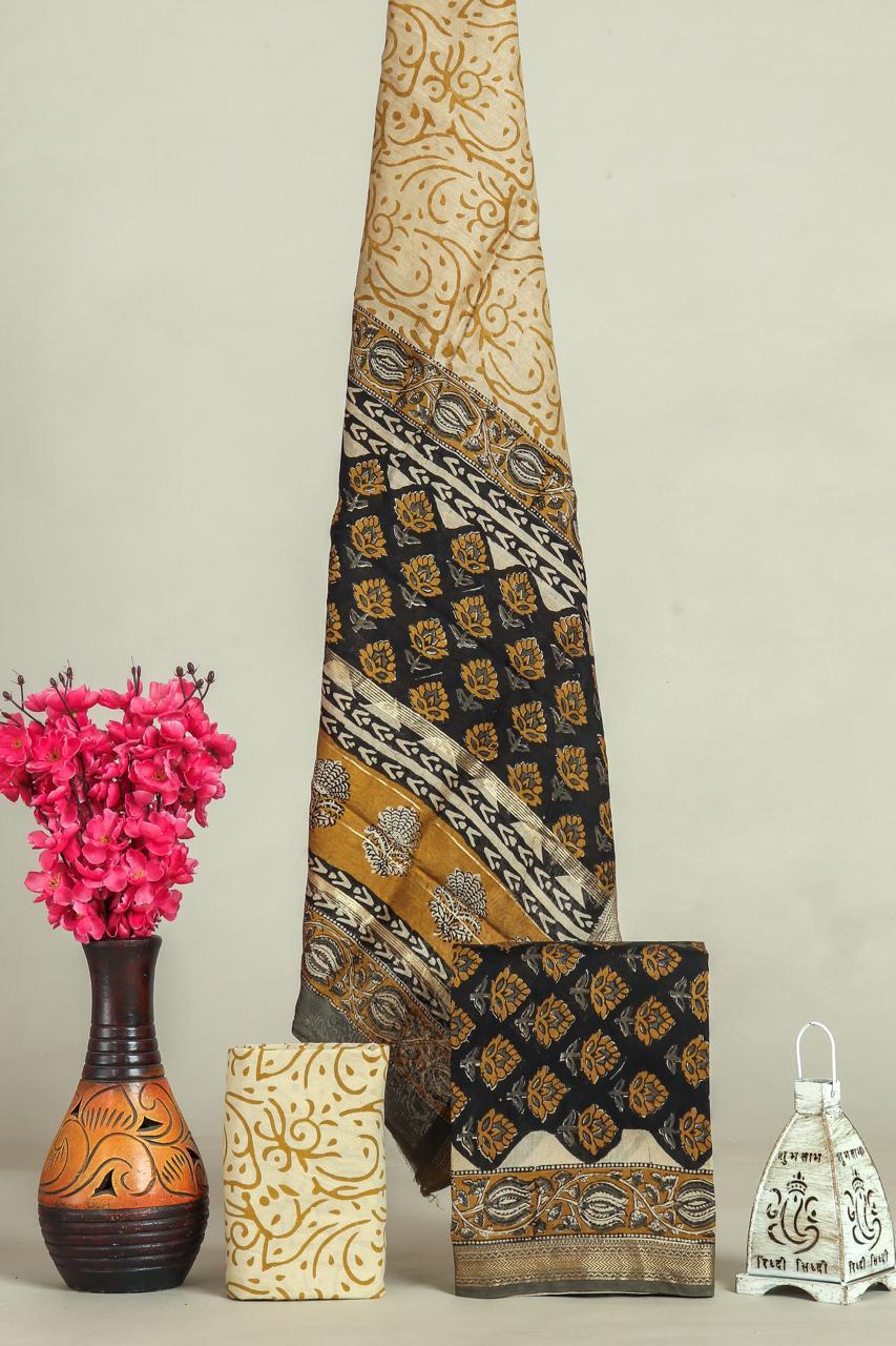 Traditional Hand Block Print Maheshwari Silk Suit With Maheshwari Silk Dupatta Mslys263